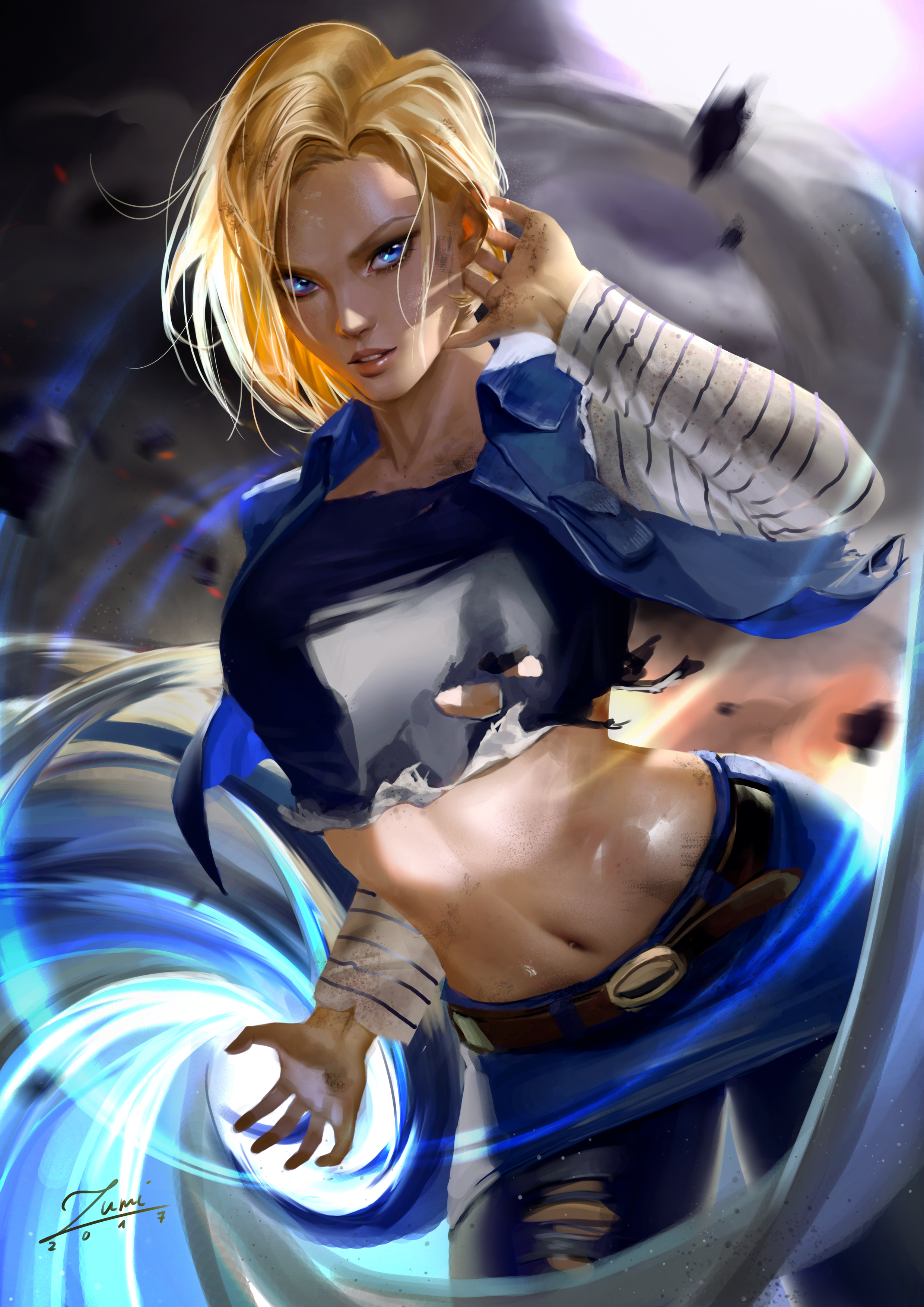 Android 18 Dragon Ball Z Anime Anime Girls Blonde Looking At Viewer Blue Eyes Ripped Clothes Jacket  2481x3508