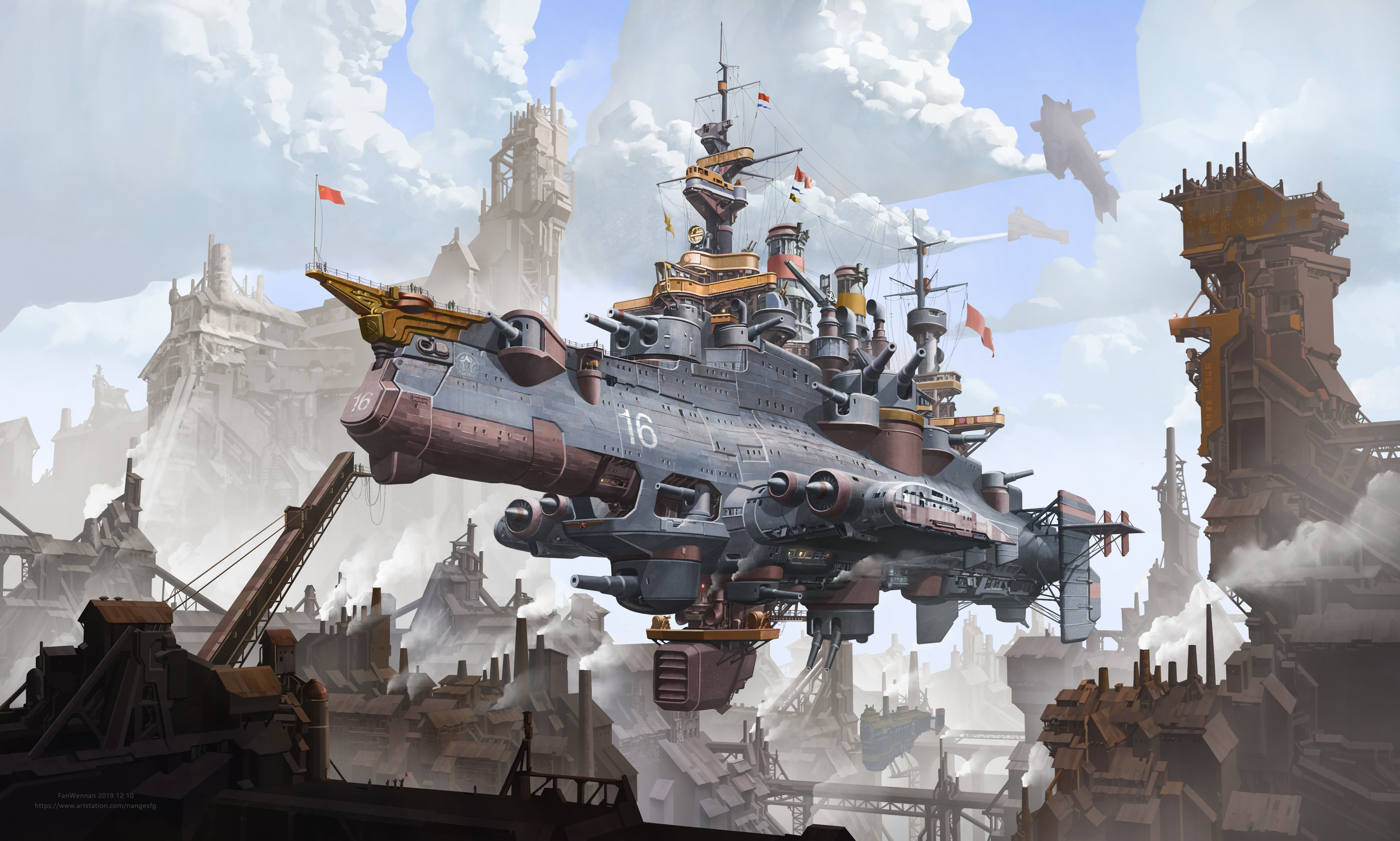 Illustration Science Fiction Airships Steampunk Digital Fan Wennan Clouds 3840x2307