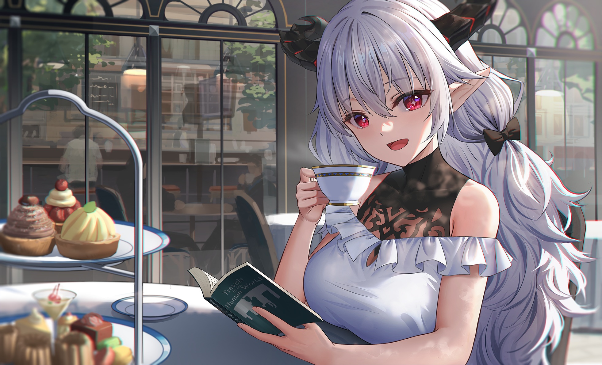 Anime Anime Girls Red Eyes Horns Long Hair Teapot Open Mouth Happy Pointy Ears Silver Hair Bare Shou 1963x1191