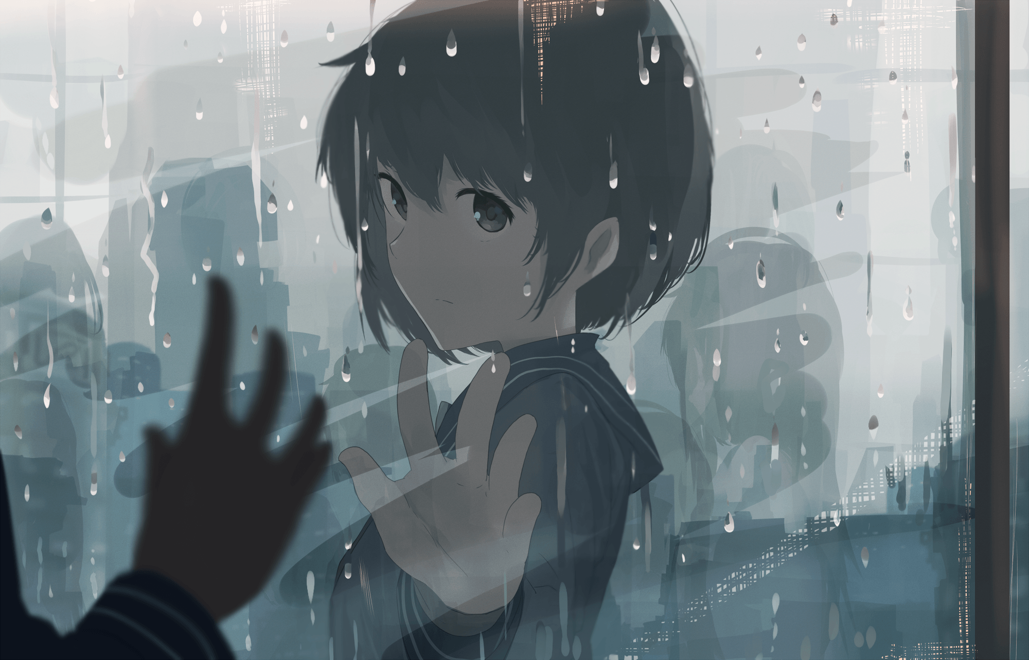 Anime Anime Girls Rain Water On Glass 2000x1284