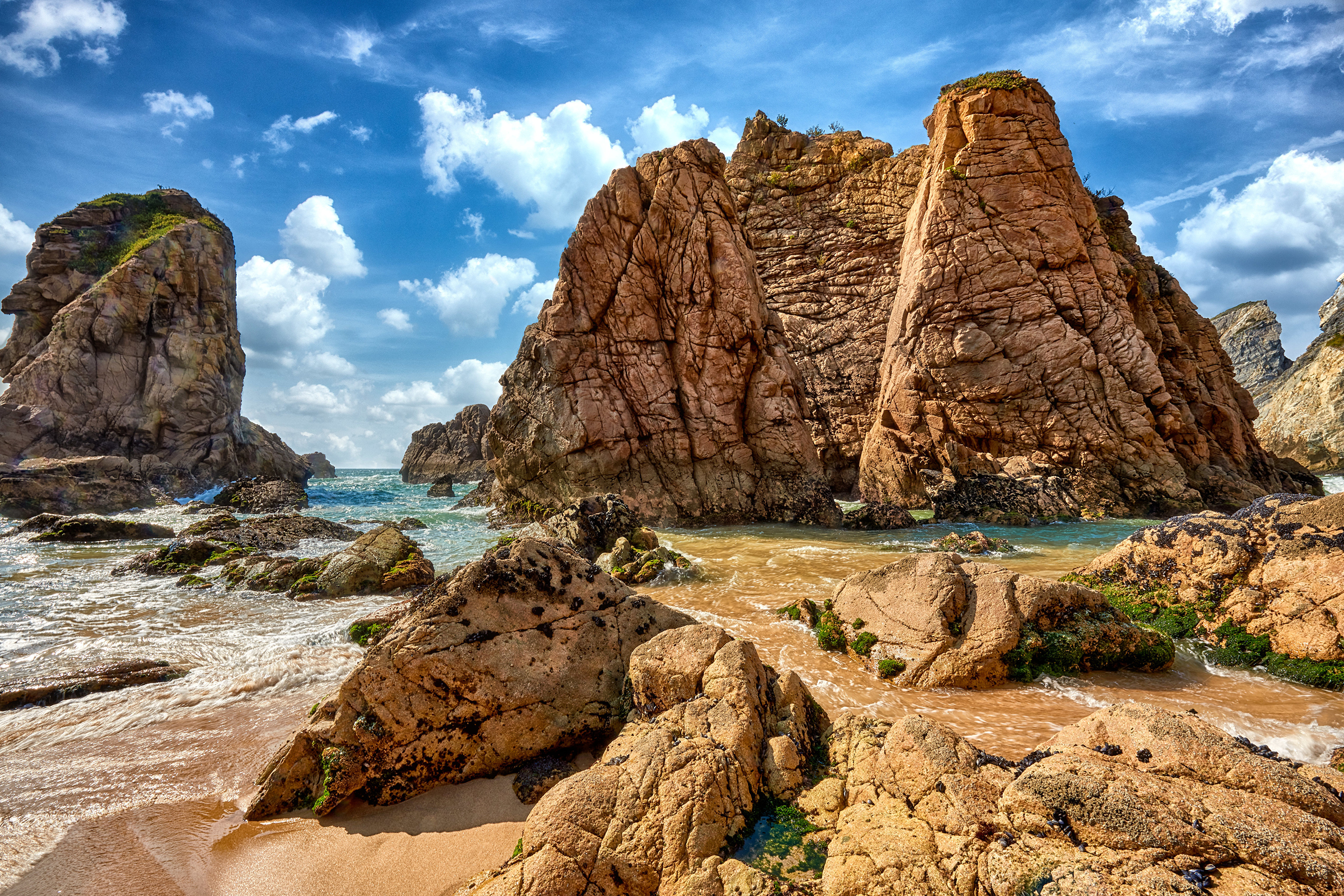 Portugal Coast Sea Stones Rocks Sky Nature 3840x2560