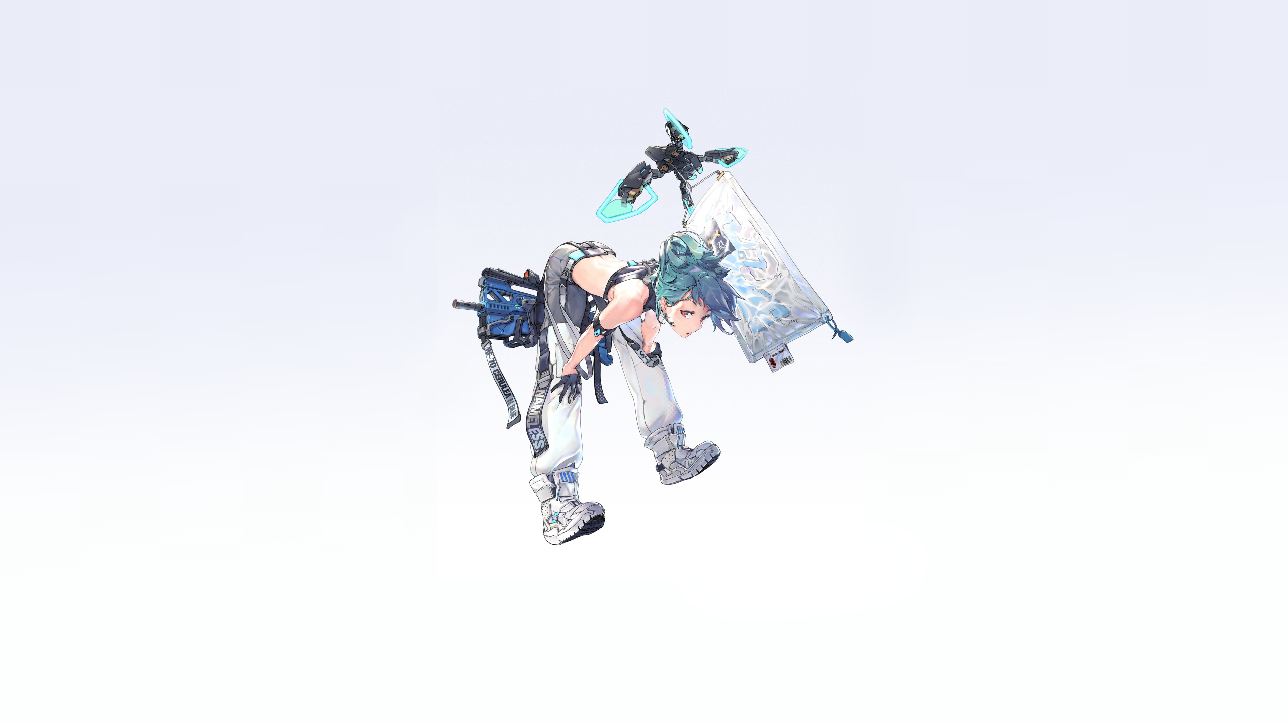 Anime Gun Futuristic Drone Blue Hair Red Eyes Cargo Pants 2560x1440