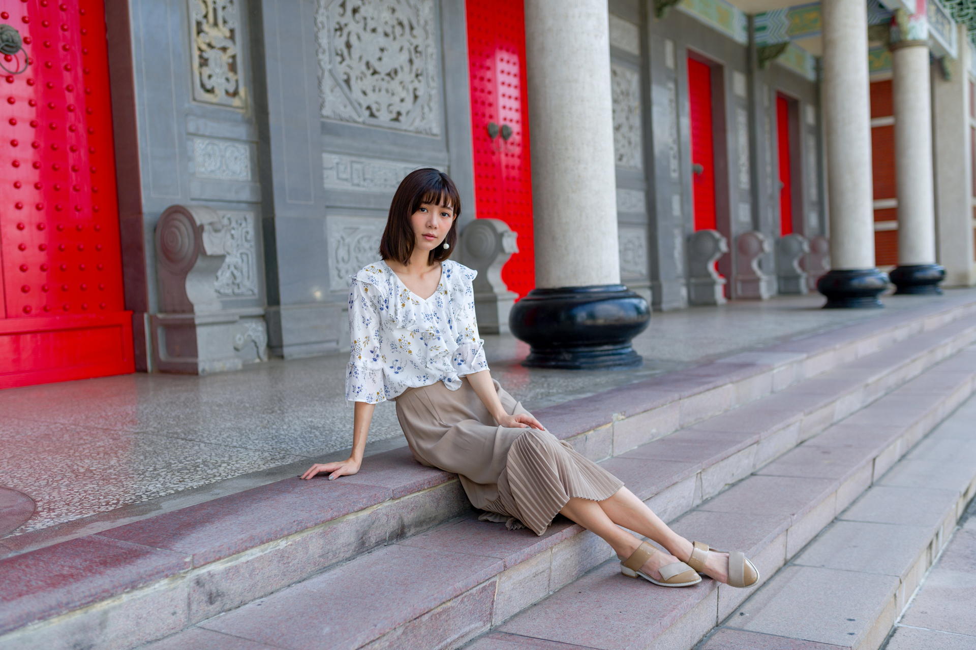 Asian Model Women Long Hair Brunette Sitting Skirt Blouse Stairs Earring Column 1920x1280