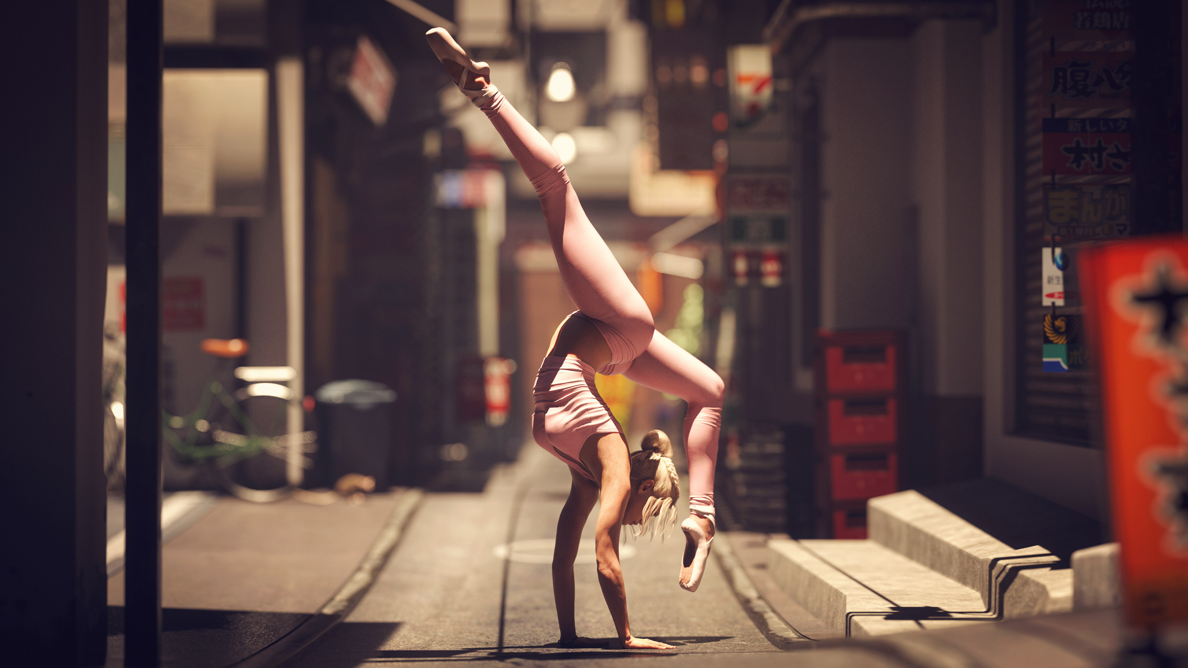 Blonde Handstand Women Legs Apart Yoga Pose Pink Clothing Yoga Bare Midriff Artwork Shadow Digital A 4000x2250