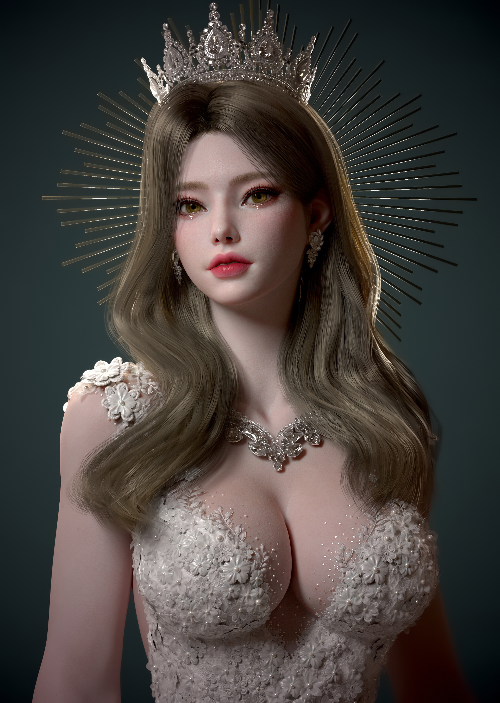 Su Jung CGi Women Brunette Crown Long Hair Makeup Wavy Hair Jewelry Necklace Dress White Clothing Si 1920x2700