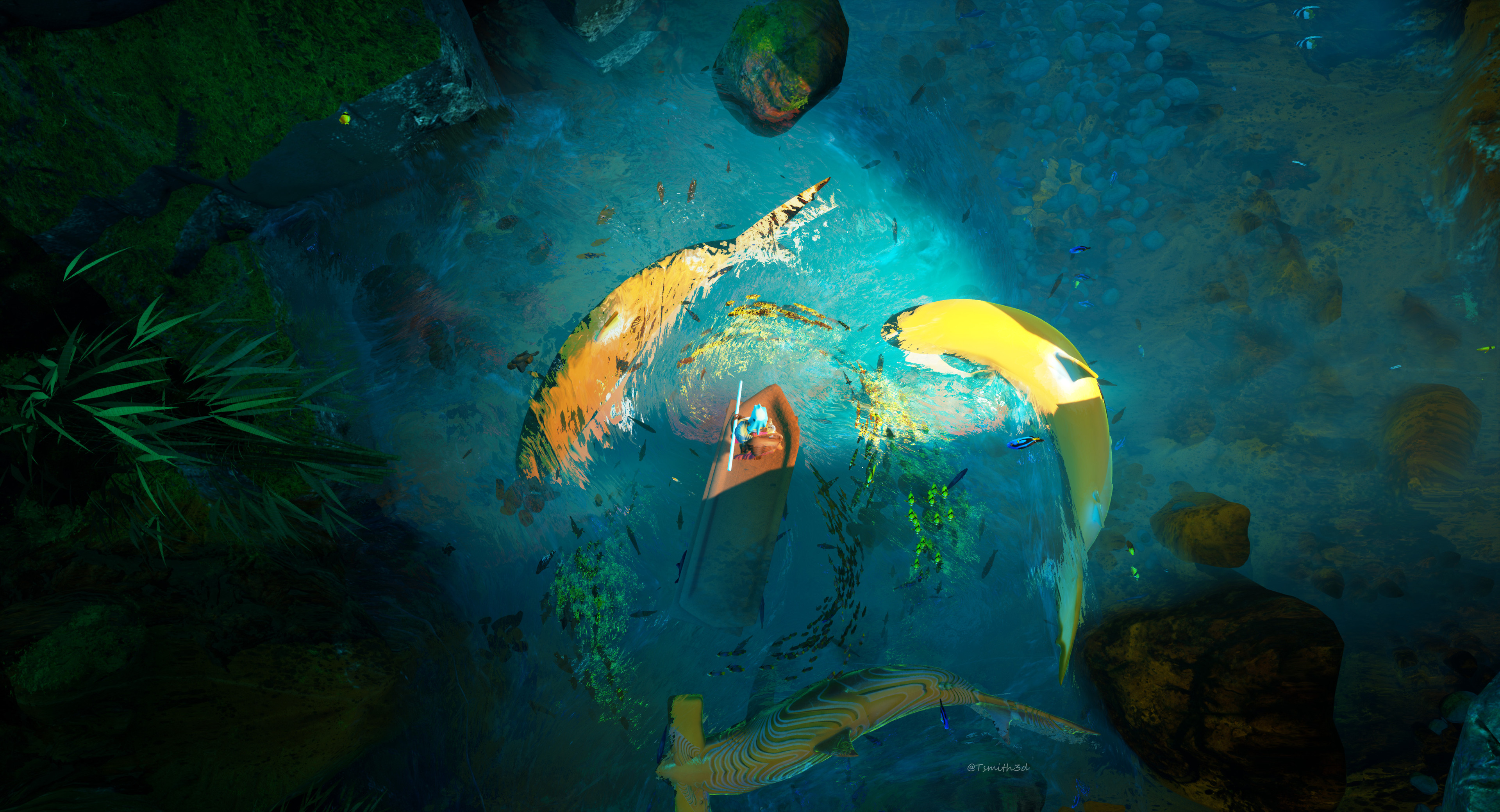 Tyler Smith Digital Art Fantasy Art Fish Shark Koi 3840x2080