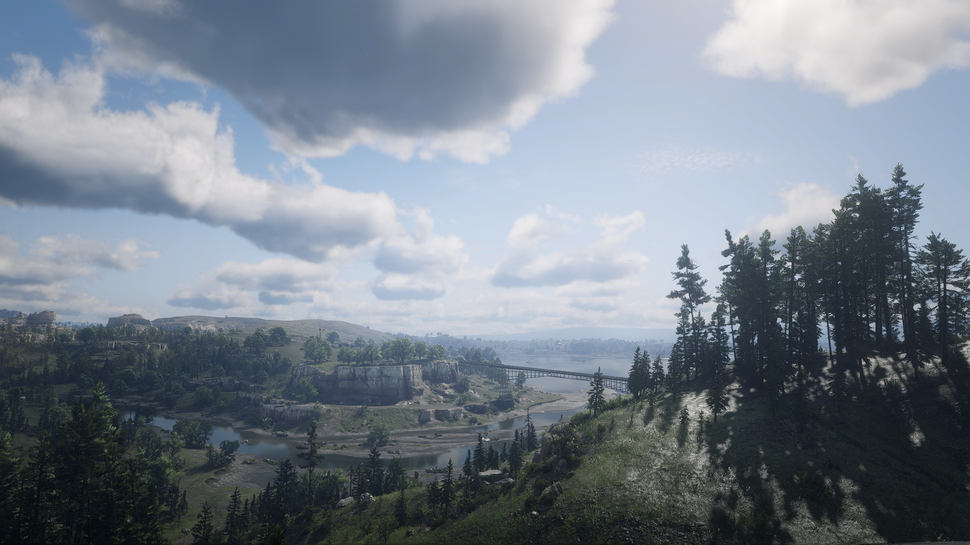 Red Dead Redemption 2 Nature Landscape Screen Shot Trees Clouds Cliff Bridge 1920x1080