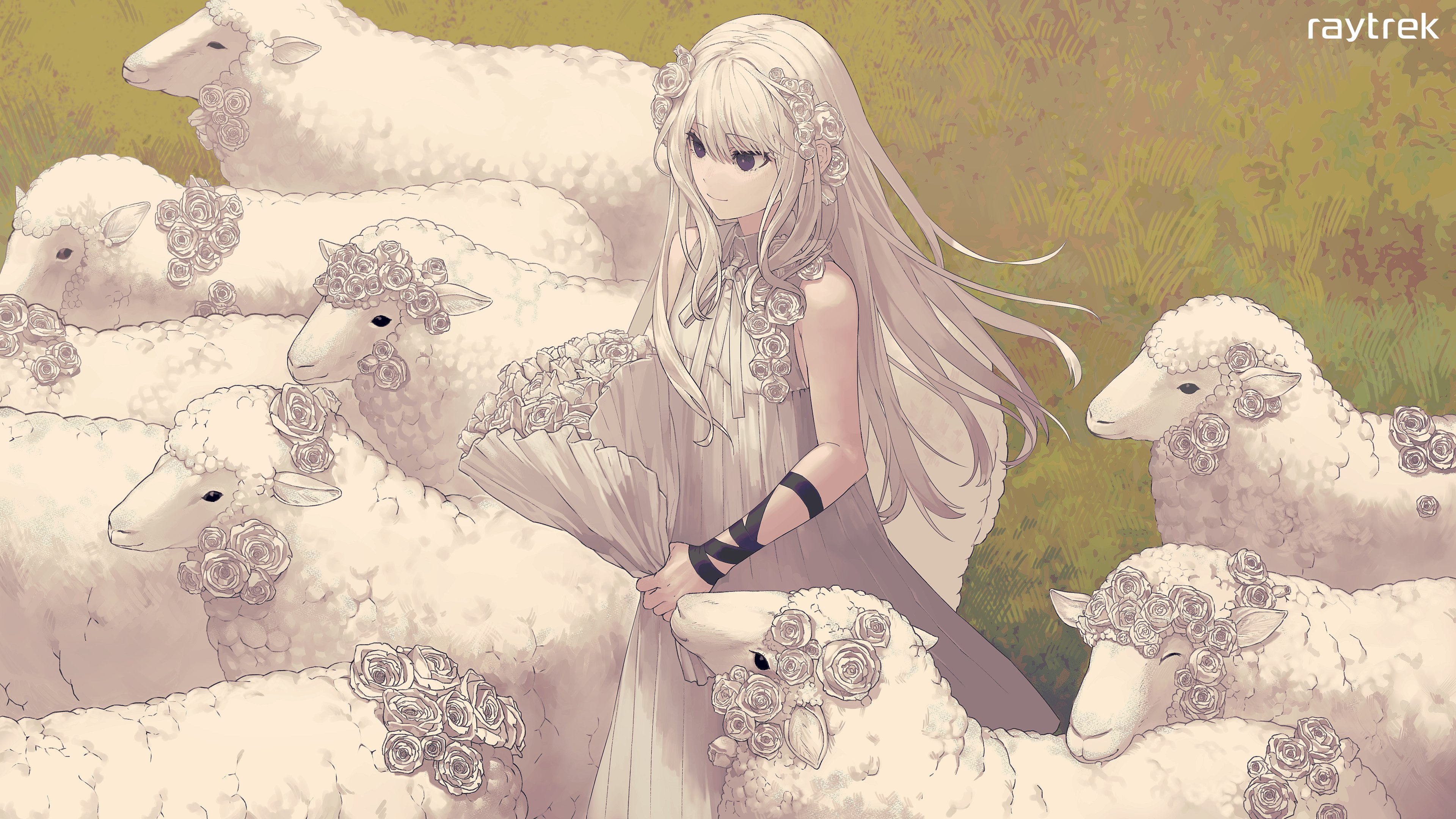 Anime Anime Girls Original Characters Sheep Dress White Hair Flowers  Wallpaper - Resolution:3840x2160 - ID:1284896 