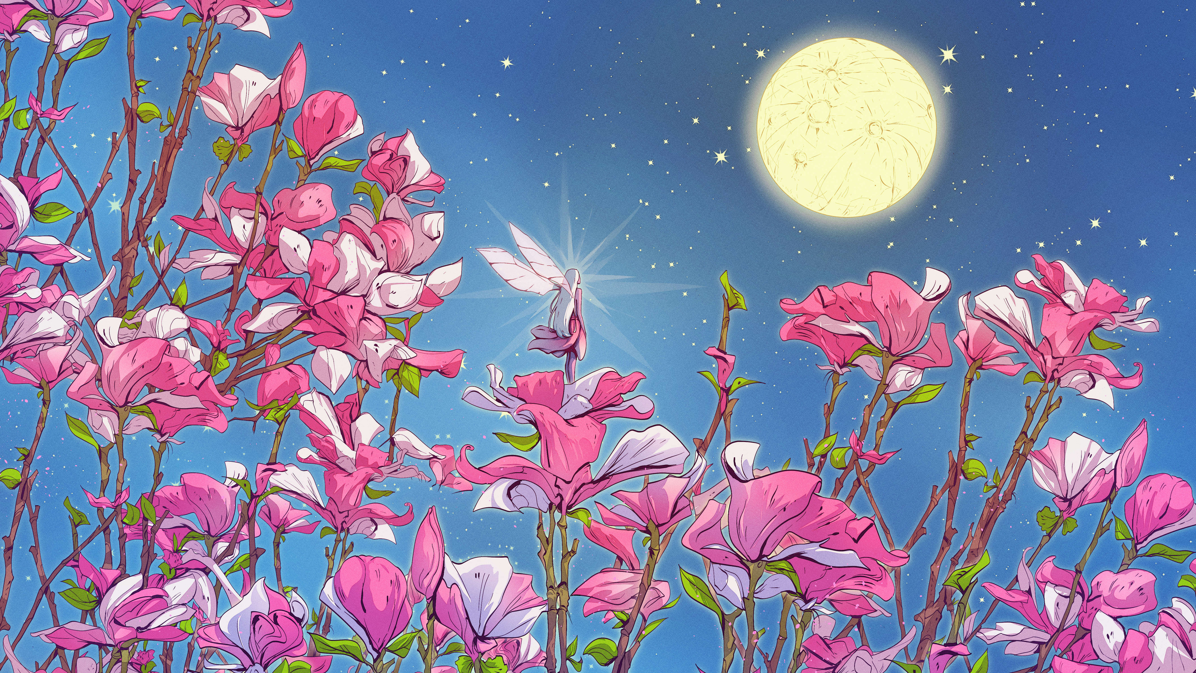 Christian Benavides Digital Art Fantasy Art Flowers Night Sky Fairies Moon Stars Magnolia 3840x2160