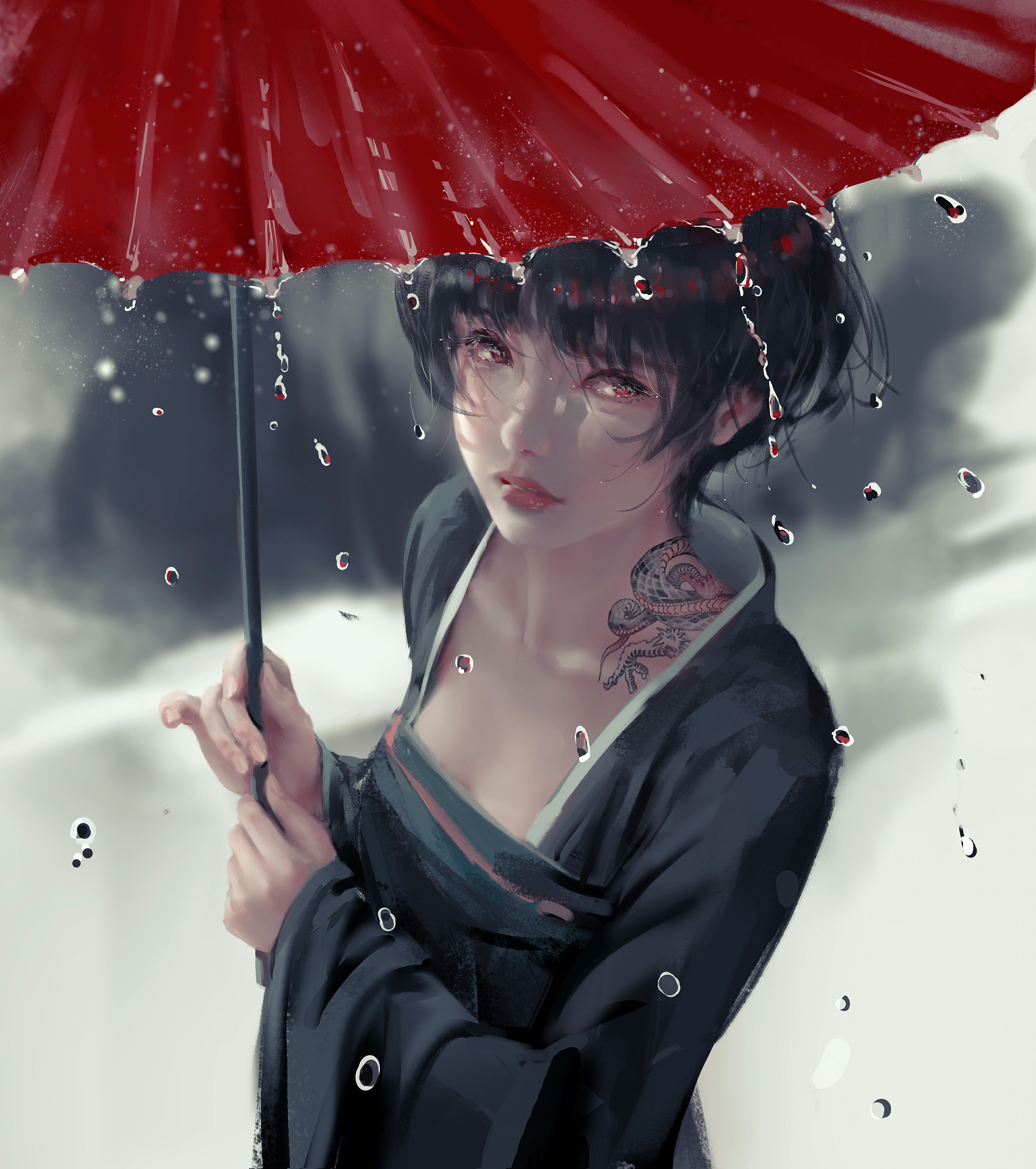 WLOP Digital Art Fantasy Girl Rain Tattoo Ghostblade 4015x4532
