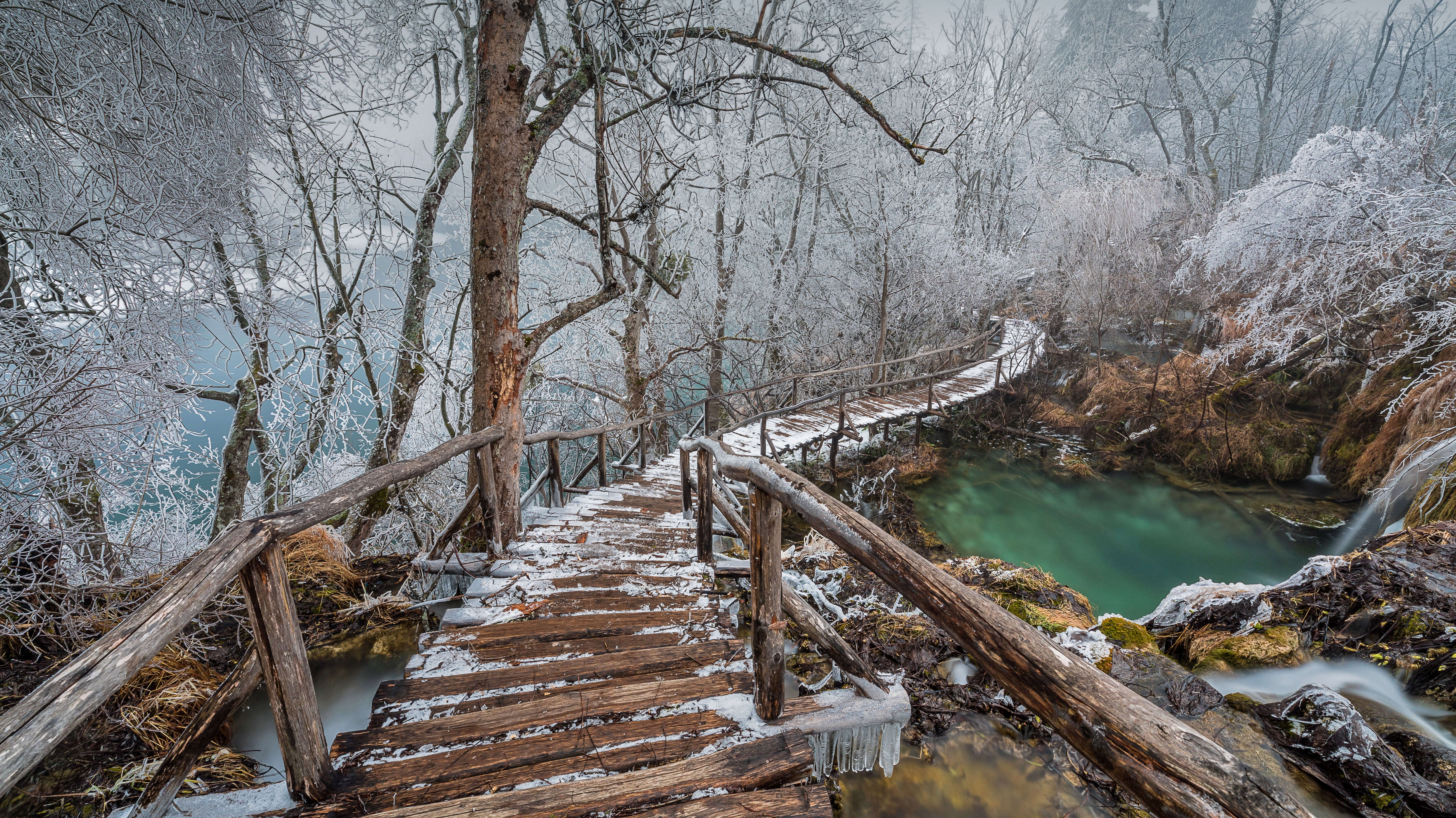 Bridge Croatia Plitvice Lakes National Park Winter 6699x3768