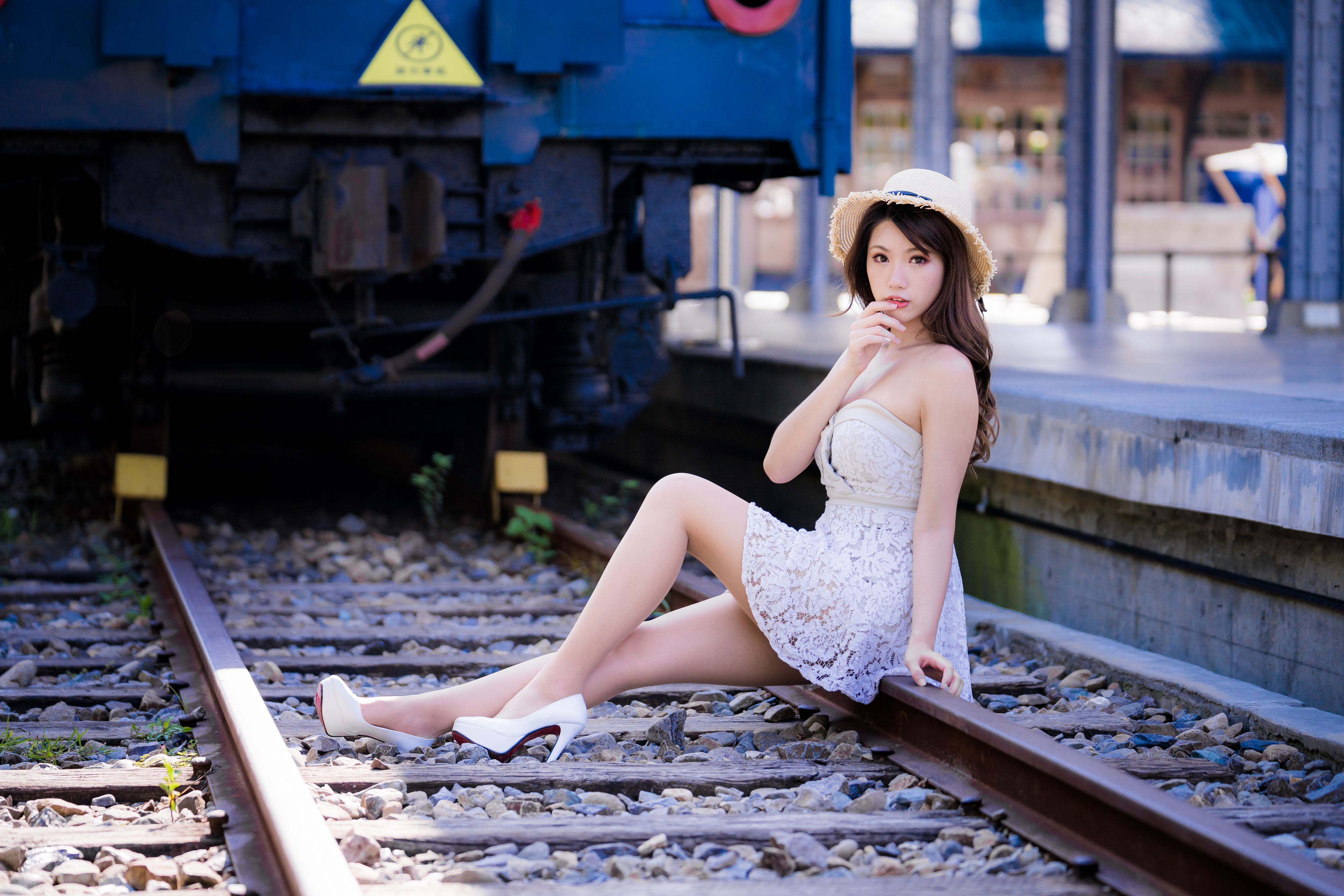 Asian Model Women Long Hair Dark Hair White High Heels Sitting Railway Train Train Station Straw Hat 4562x3041