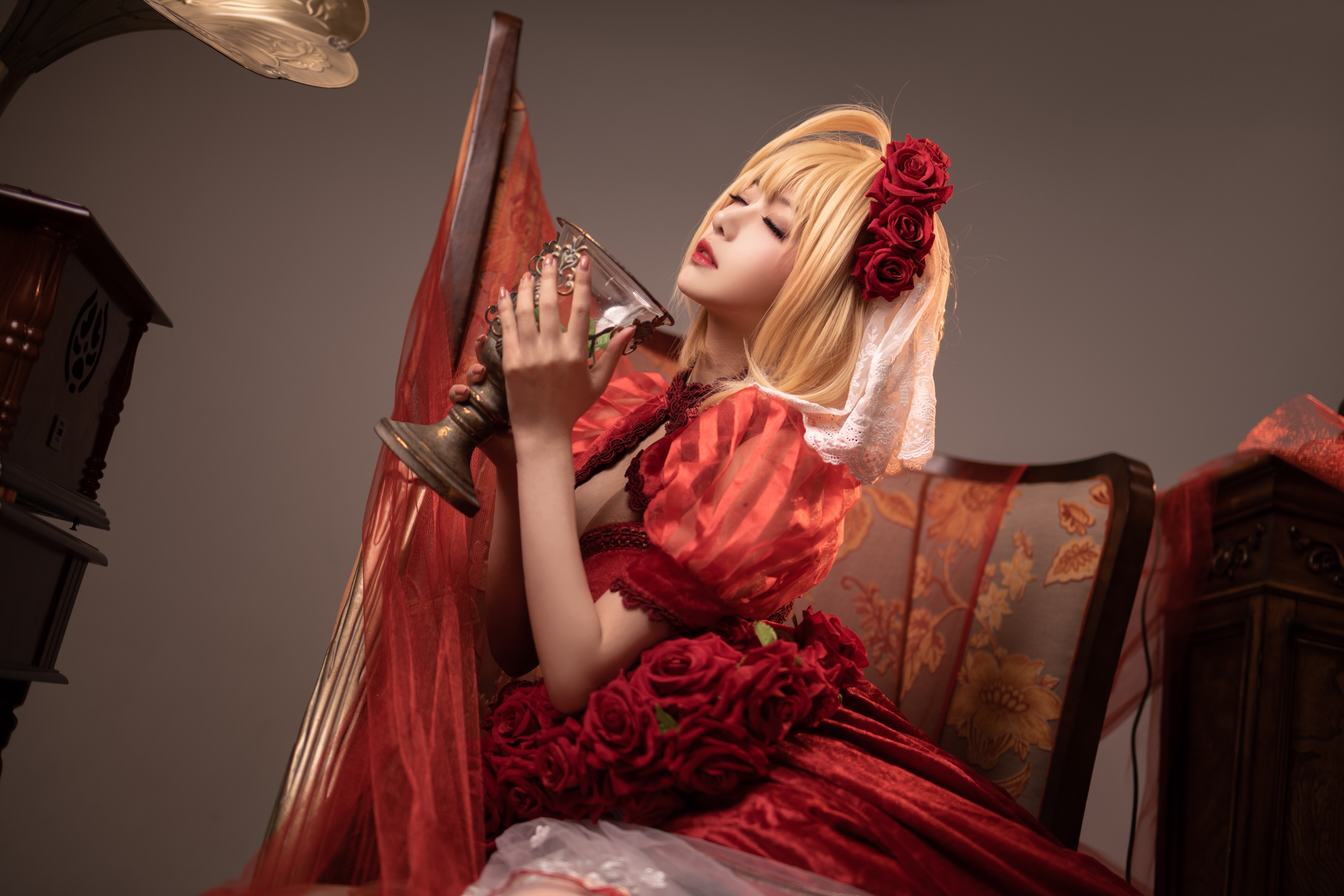 Asian Blonde Lolita Chair Retro Theme Red Wine Shika XiaoLu 4032x2688