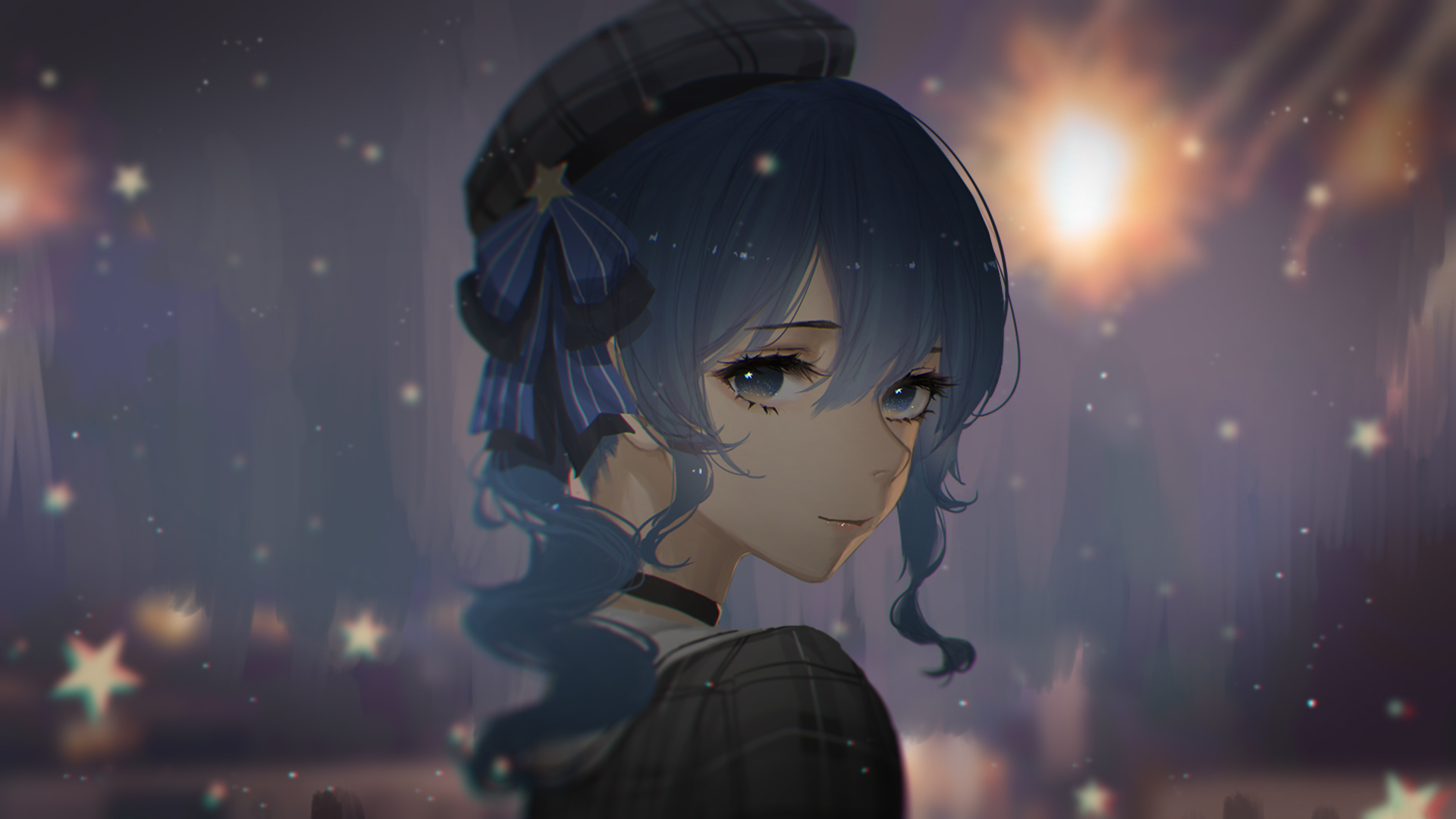 Anime Anime Girls Hololive Suisei Hoshimachi Blue Hair Blue Eyes Hat Berets Stars Looking At Viewer 1920x1080