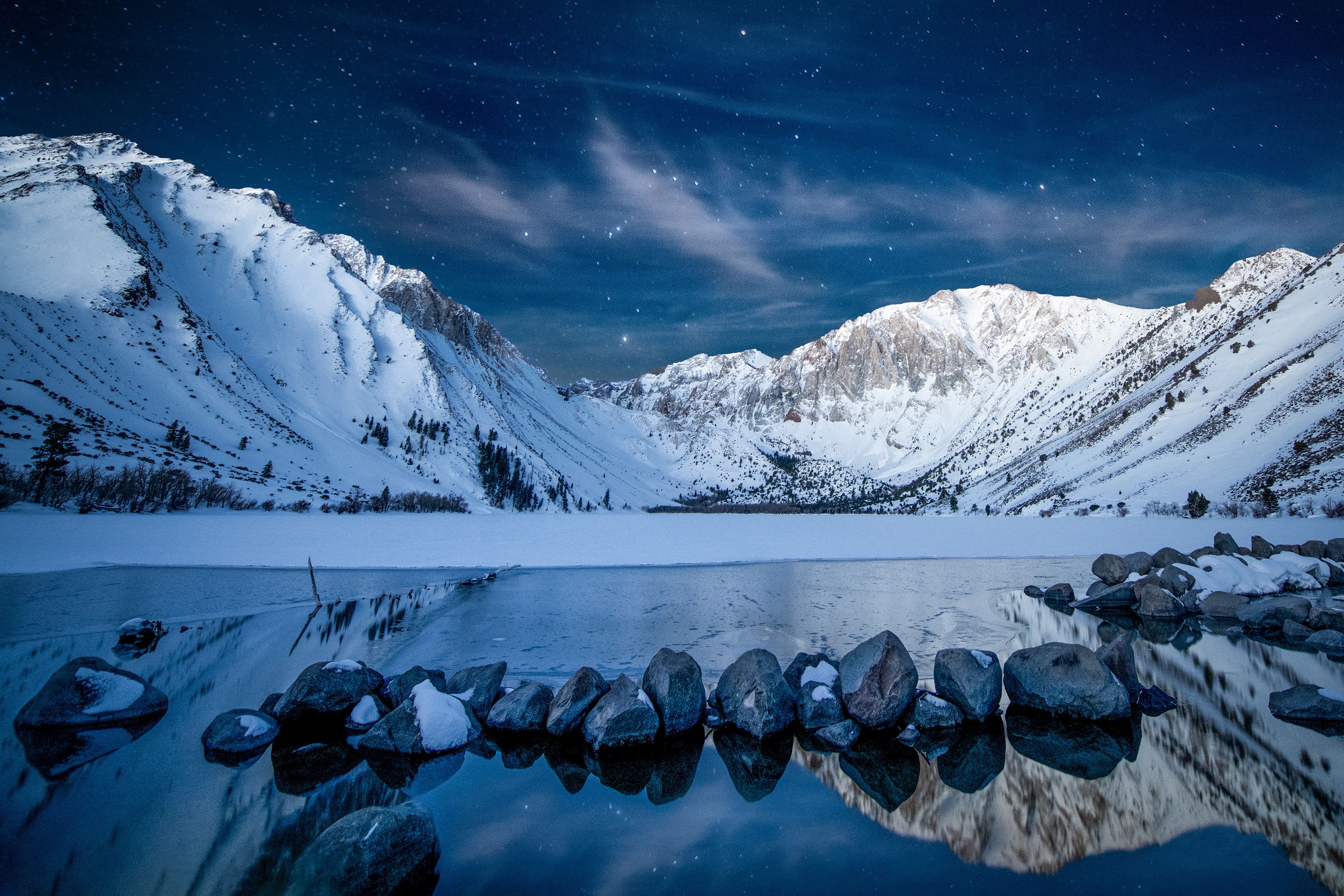 Lake Mountain Reflection Sky Snow Stars Stone 2880x1920