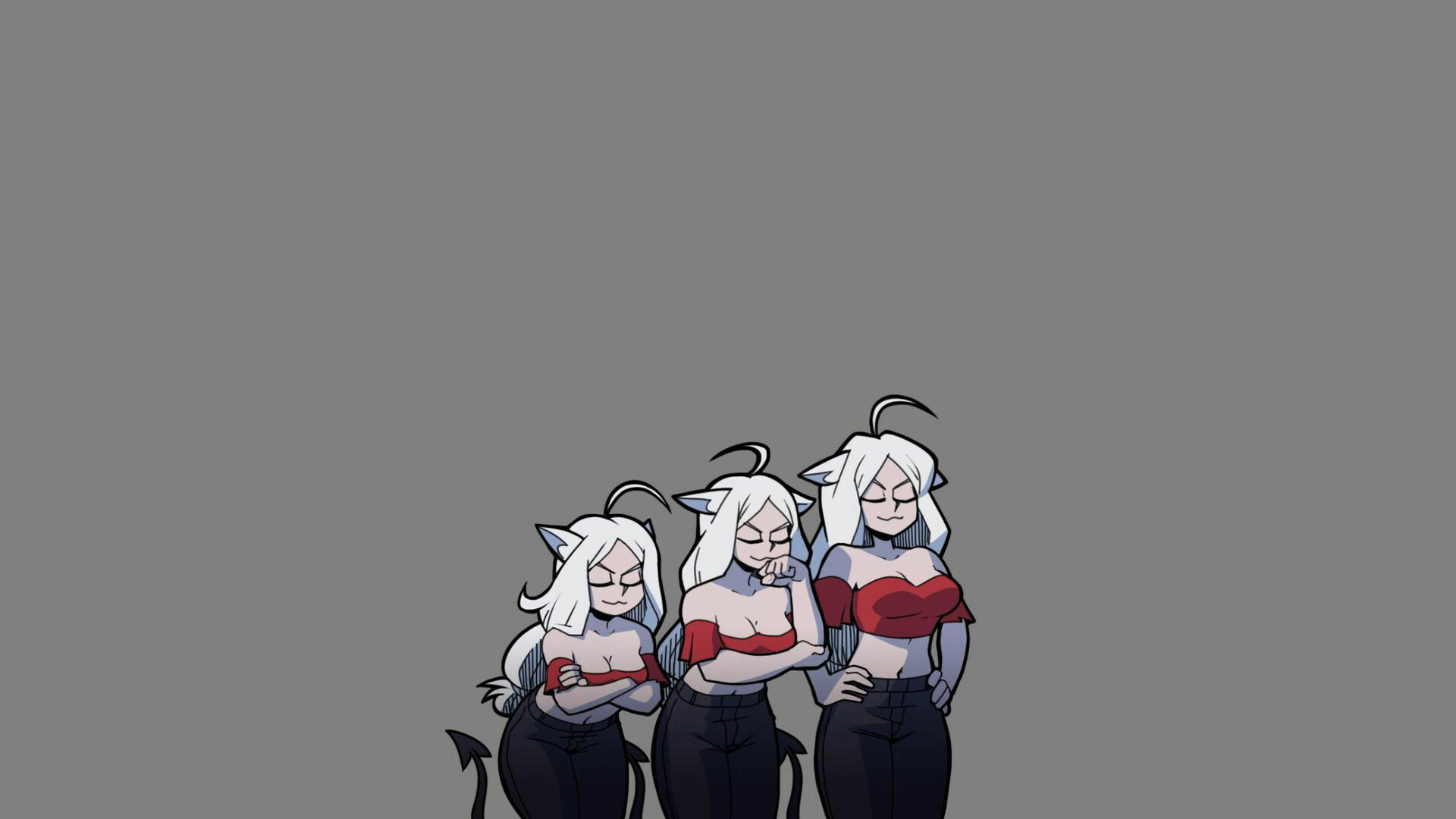 Helltaker Anime Girls Cerberus Helltaker White Hair Gray Background 1920x1080