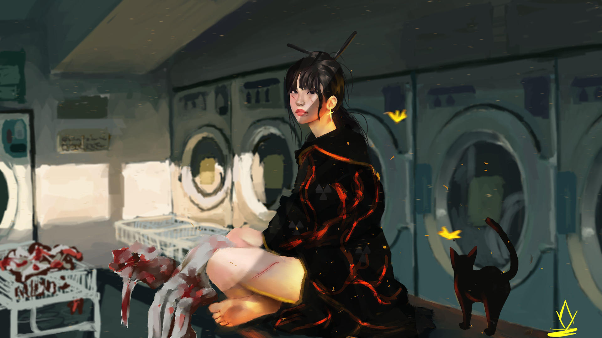 Artwork Women Asian DeviantArt Women Indoors Dark Hair Washing Machine Laundry Looking At Viewer Cat 1920x1080