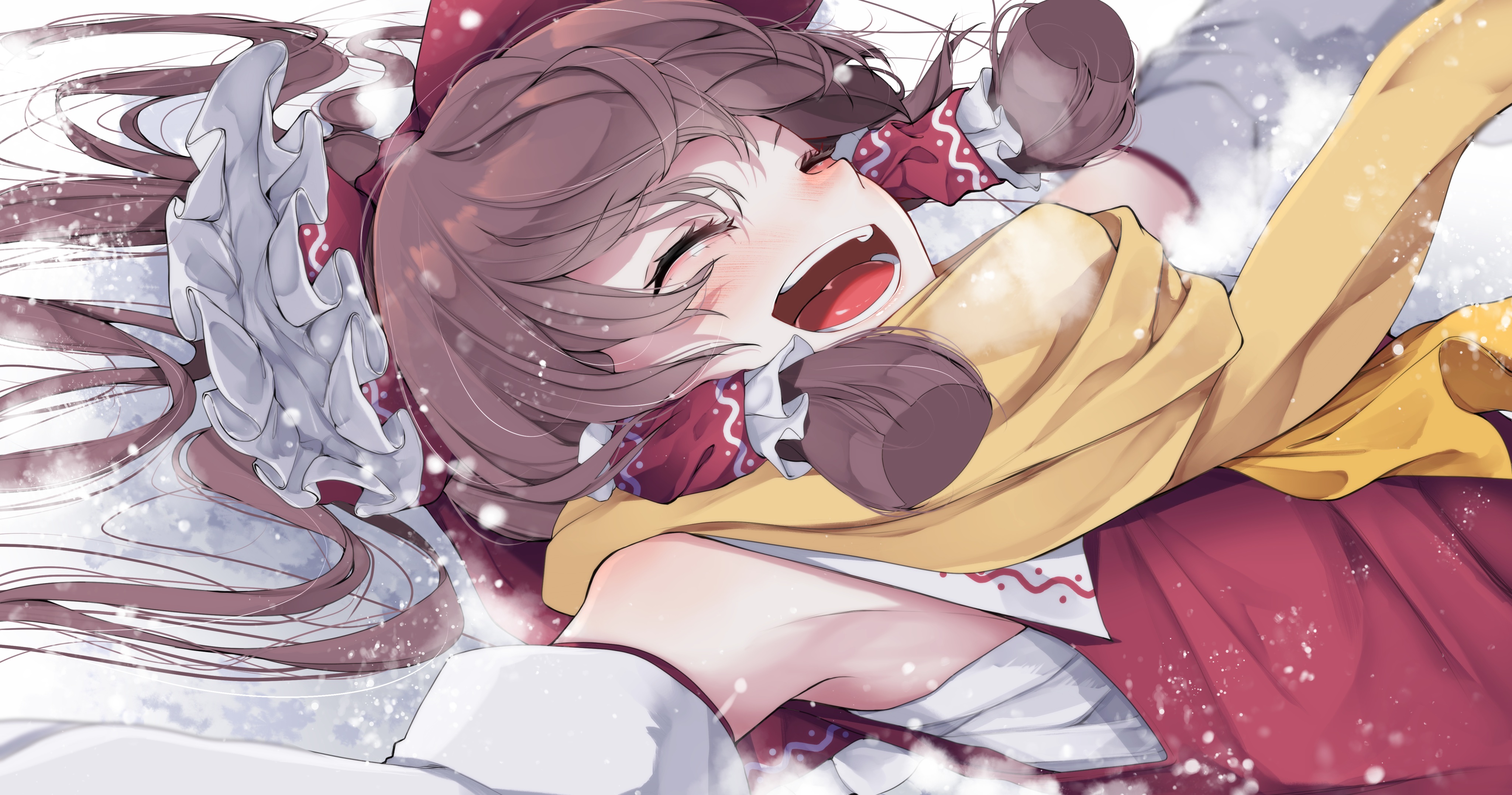 Anime Anime Girls Fall Dommmmmer Artwork Touhou Hakurei Reimu Brunette Happy Open Mouth Japanese Clo 4096x2155