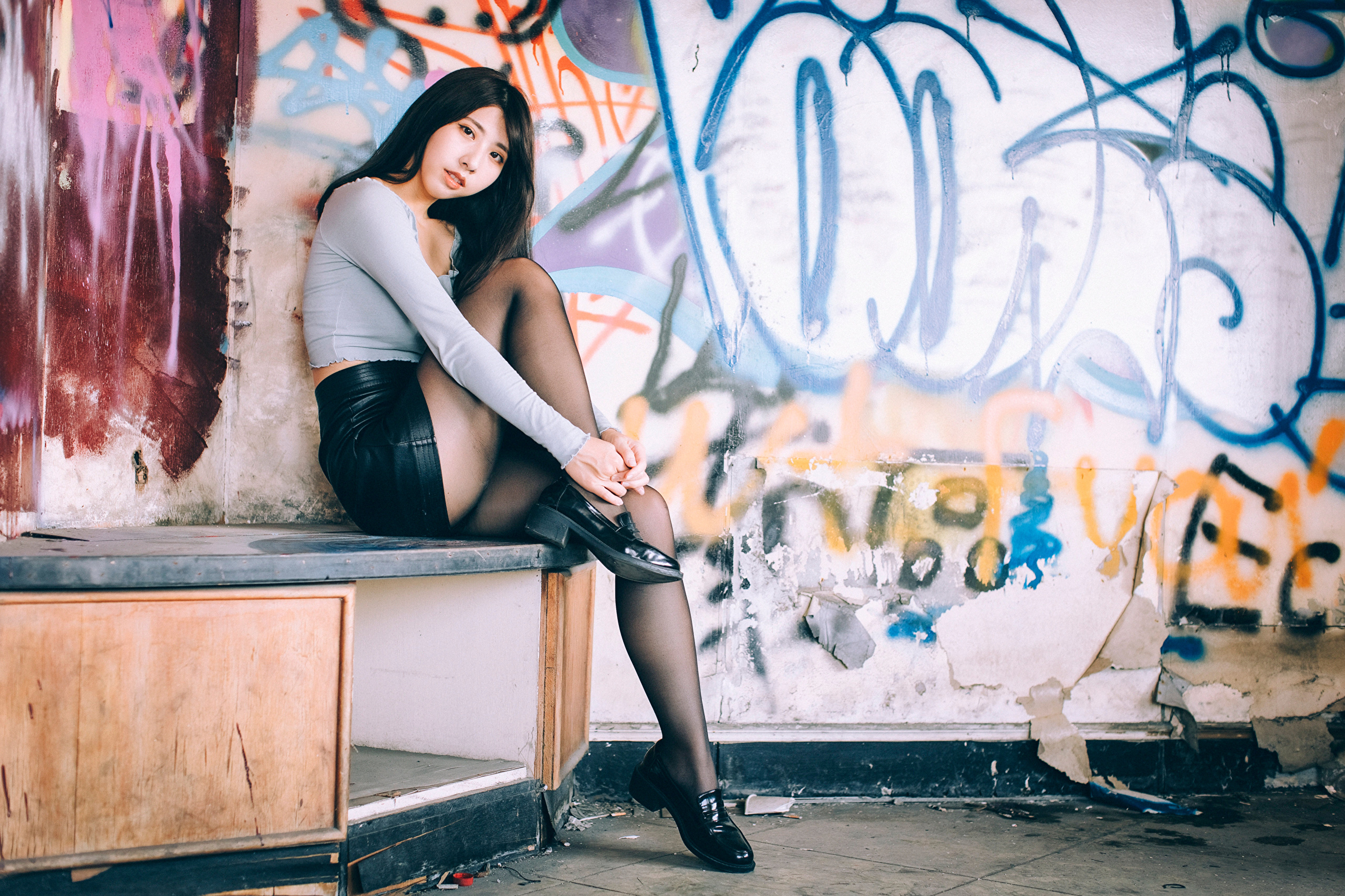 Asian Model Women Long Hair Dark Hair Nylons Leather Skirts Blue Tops Sitting Graffiti 2560x1706