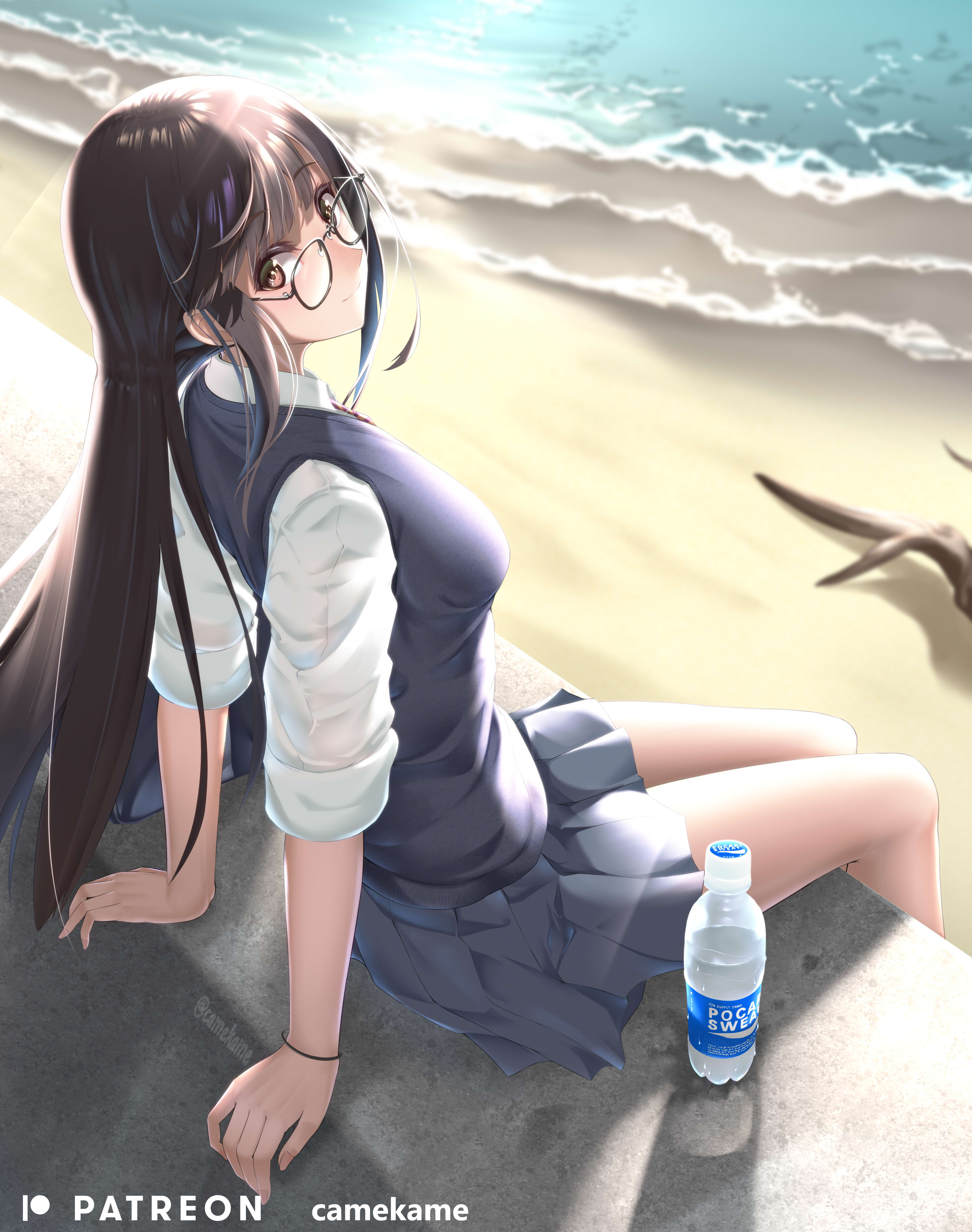 Artwork Anime Girls Beach Sea Skirt School Uniform Schoolgirl Glasses Women With Glasses Long Hair D 3367x4267