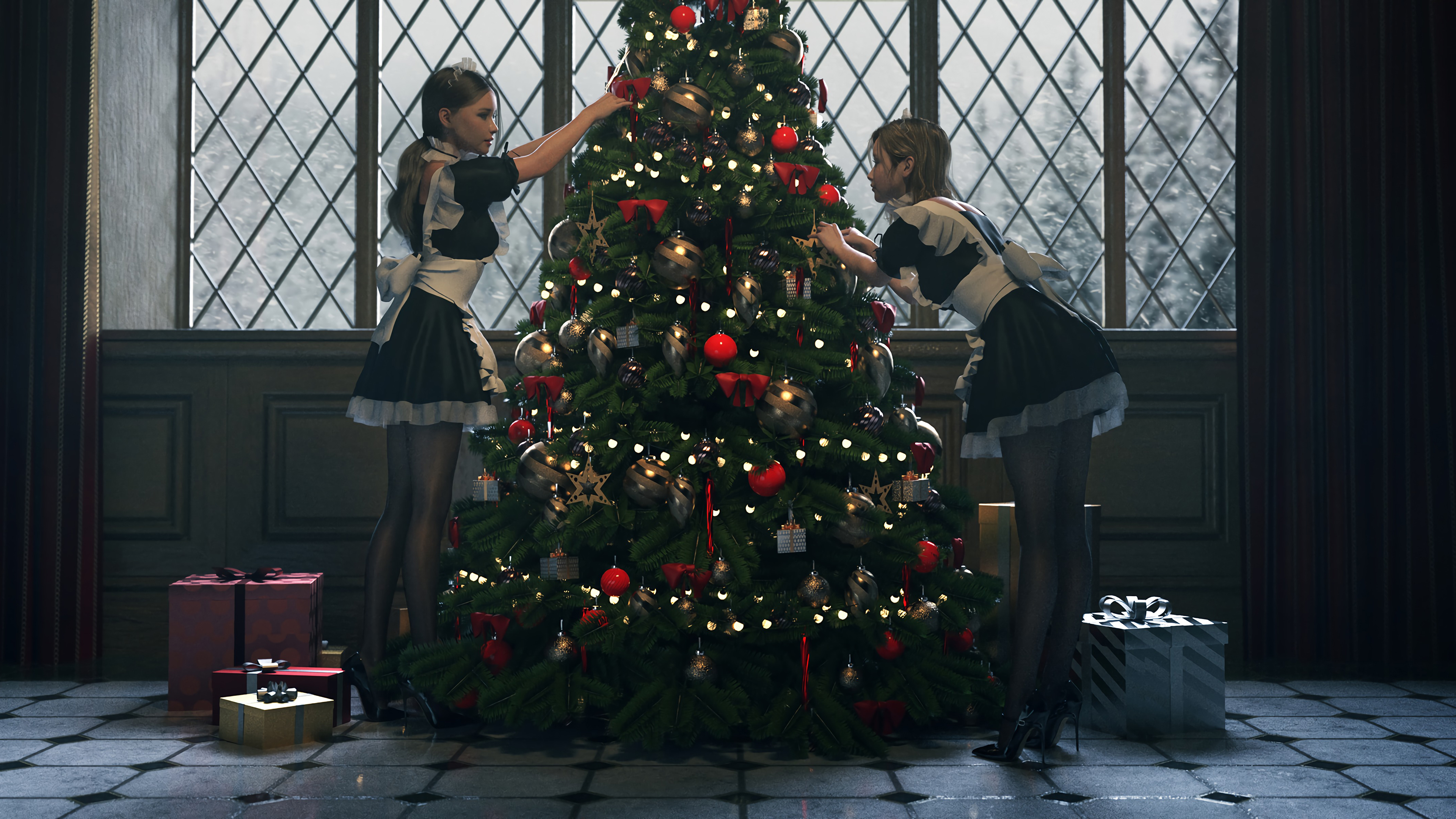 Christmas Tree Christmas Presents Maid Maid Outfit CGi Lou LL Christmas 3840x2160