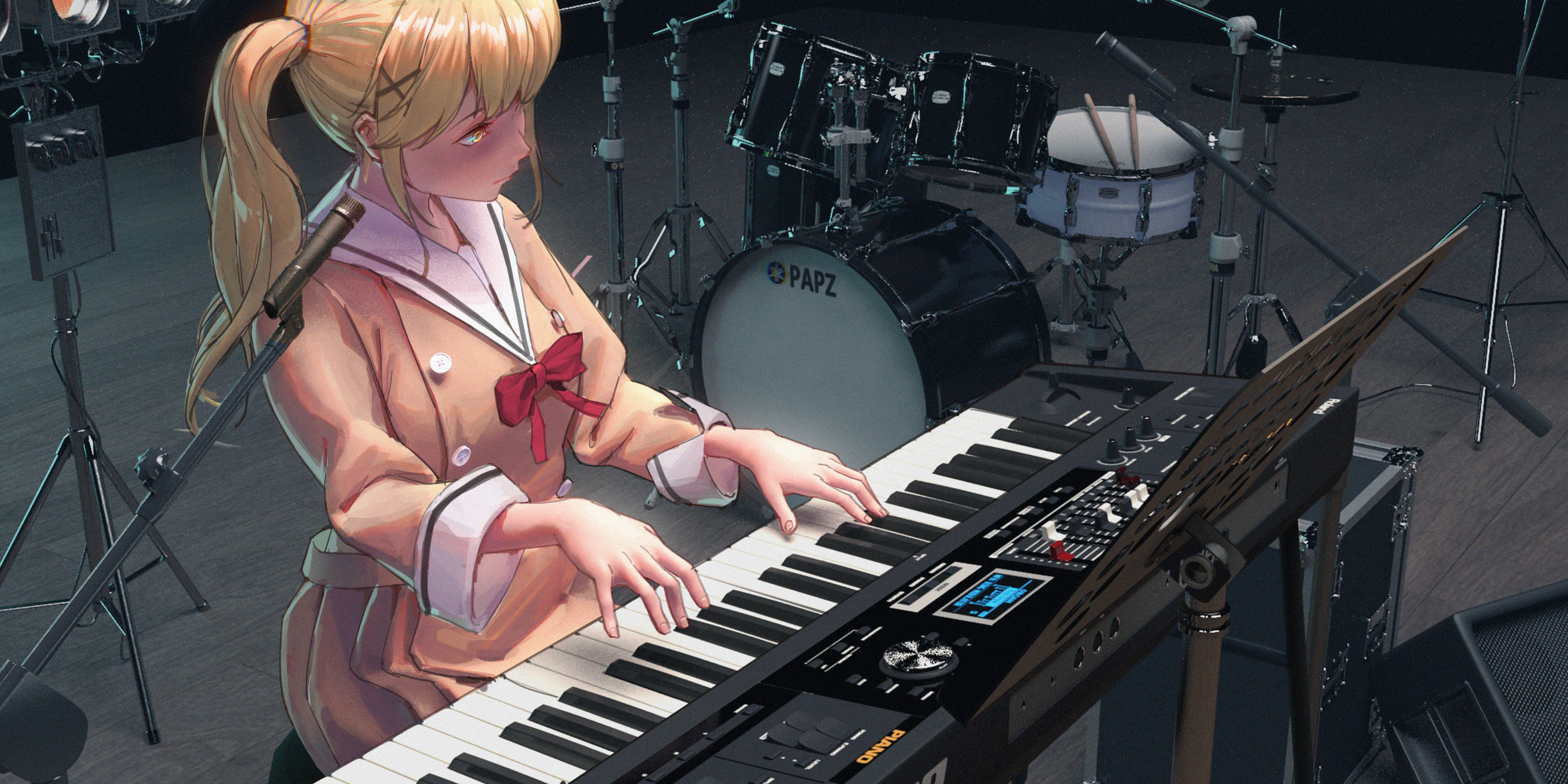 Anime Anime Girls BanG Dream Arisa Ichigaya BanG Dream Microphone Drums Synthesizer Long Hair Yellow 5000x2500