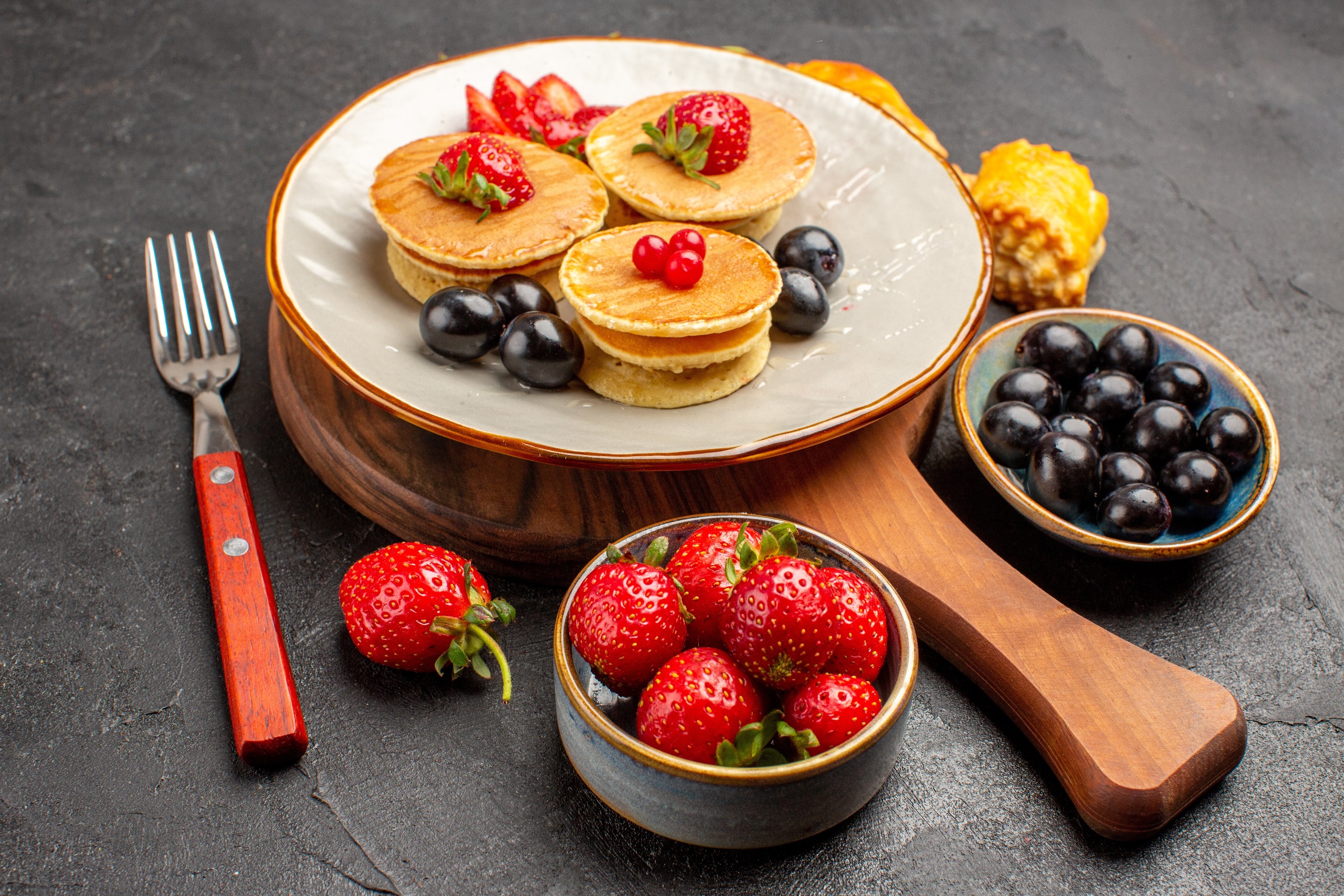 Pancakes Food Fruit Berries Sweets Strawberries Red Currant Fork Cutting Board 2560x1707