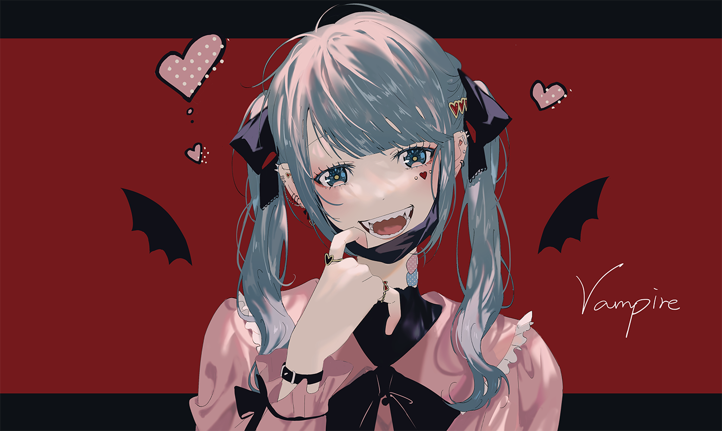 Hatsune Miku Vocaloid Vampires Twintails Black Ribbons Bat Wings Solo Pink Shirt Open Mouth Aqua Hai 1408x841