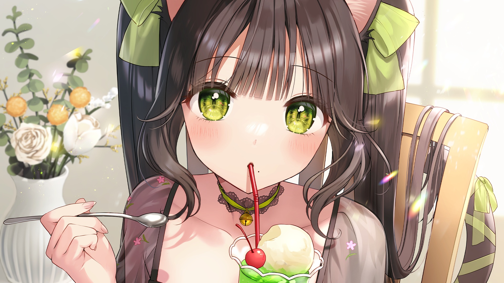 Anime Anime Girls Green Eyes Drink Ice Cream Collar Animal Ears Cat Ears Cat Girl 1920x1080