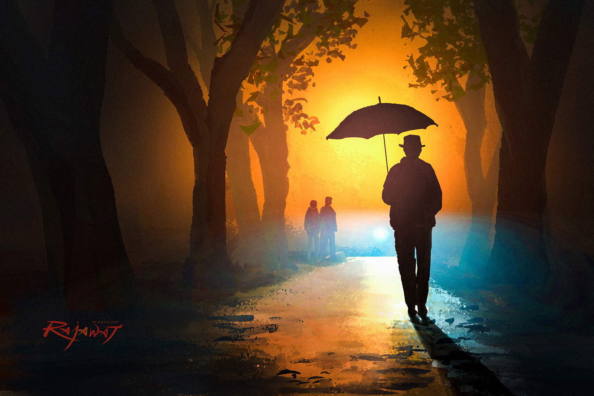 Digital Painting Night Umbrella Men Trees Surendra Rajawat 1920x1280