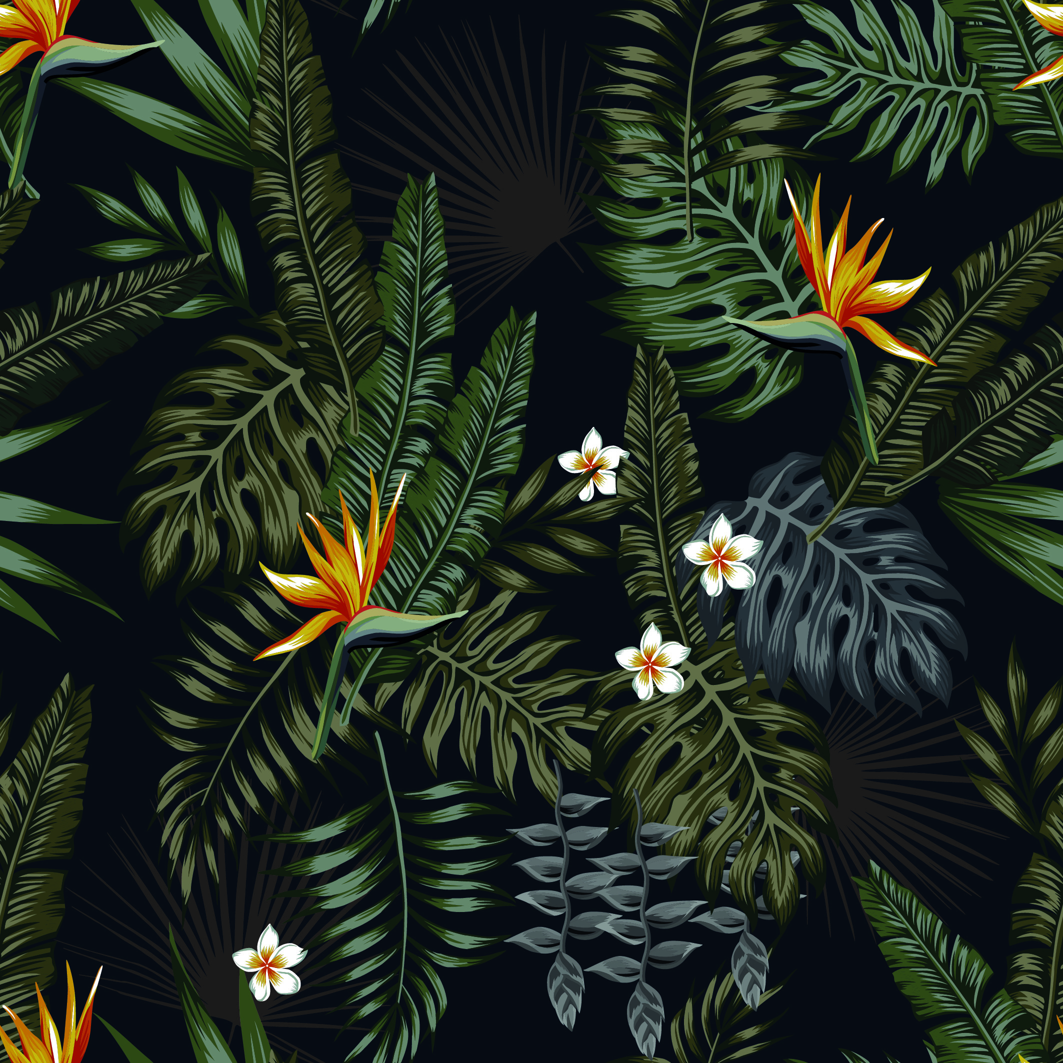 Abstract Flowers Vector Night Jungle Leaves Pattern 2126x2126