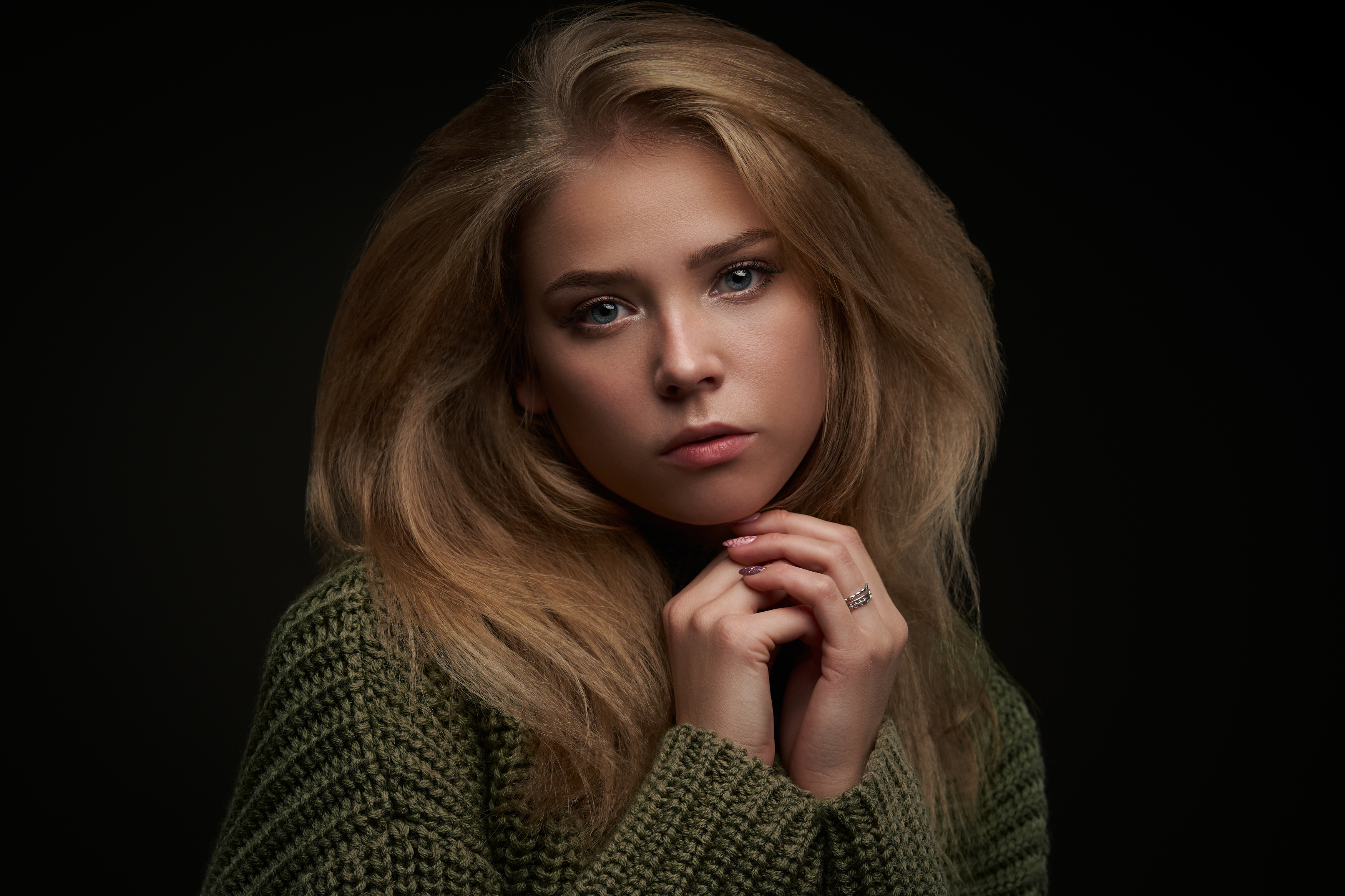 Women Blonde Sweater Blue Eyes Face Portrait Simple Background Black Background 3500x2332
