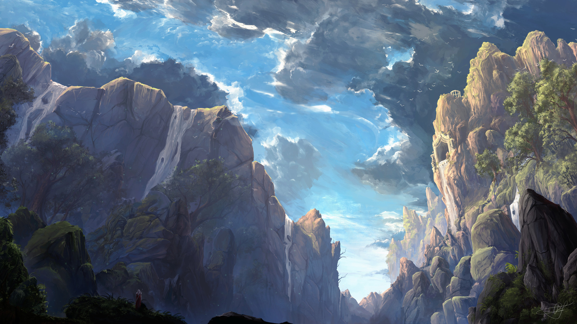Max Suleimanov Digital Art Landscape Waterfall Clouds Surreal Trees Cliff Dwellings 1920x1080