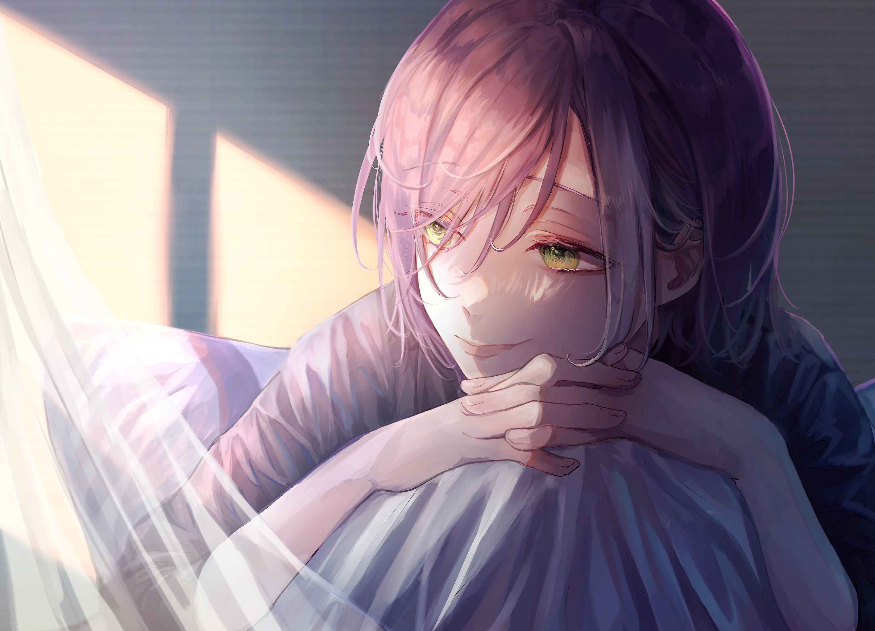 Anime Anime Girls Green Eyes Pink Hair Looking Away Light Effects In Bed Curtains Short Hair 2836x2047