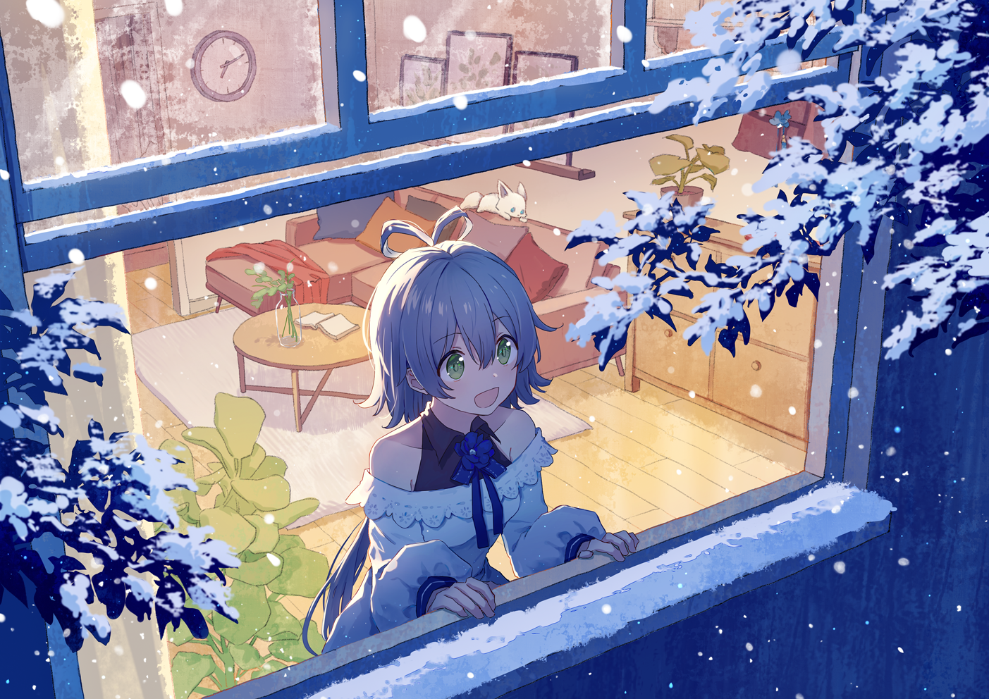 Anime Girls Anime Snow Dress Window Trees Green Eyes Purple Hair Clocks Artwork Mimengfeixue Luo Tia 1403x992