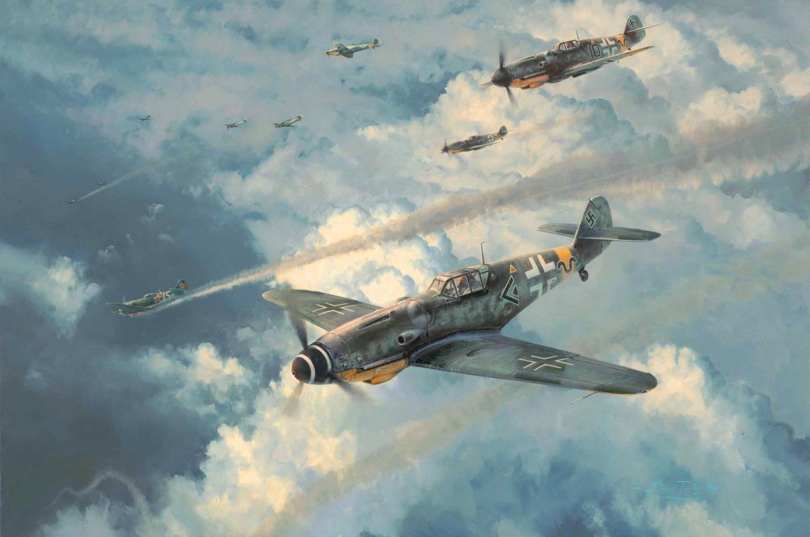 World War Ii Airplane Painting Messerschmitt Bf 109 Lavochkin La 7 1600x1061