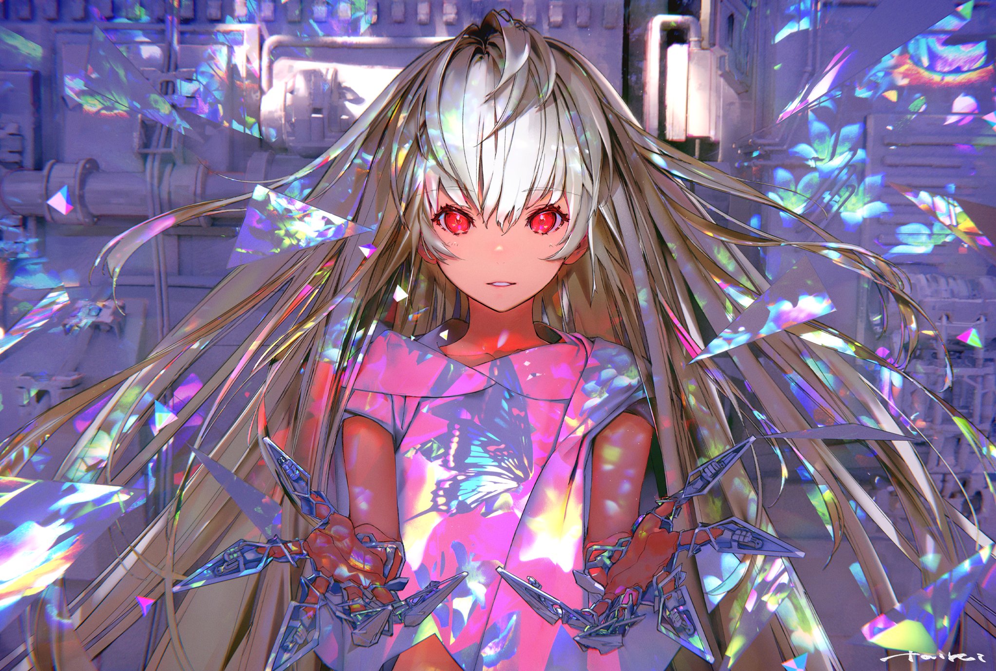 Anime Anime Girls Red Eyes Blonde Long Hair Looking At Viewer Butterfly Pipes Crystal Glass Flowers  2045x1378