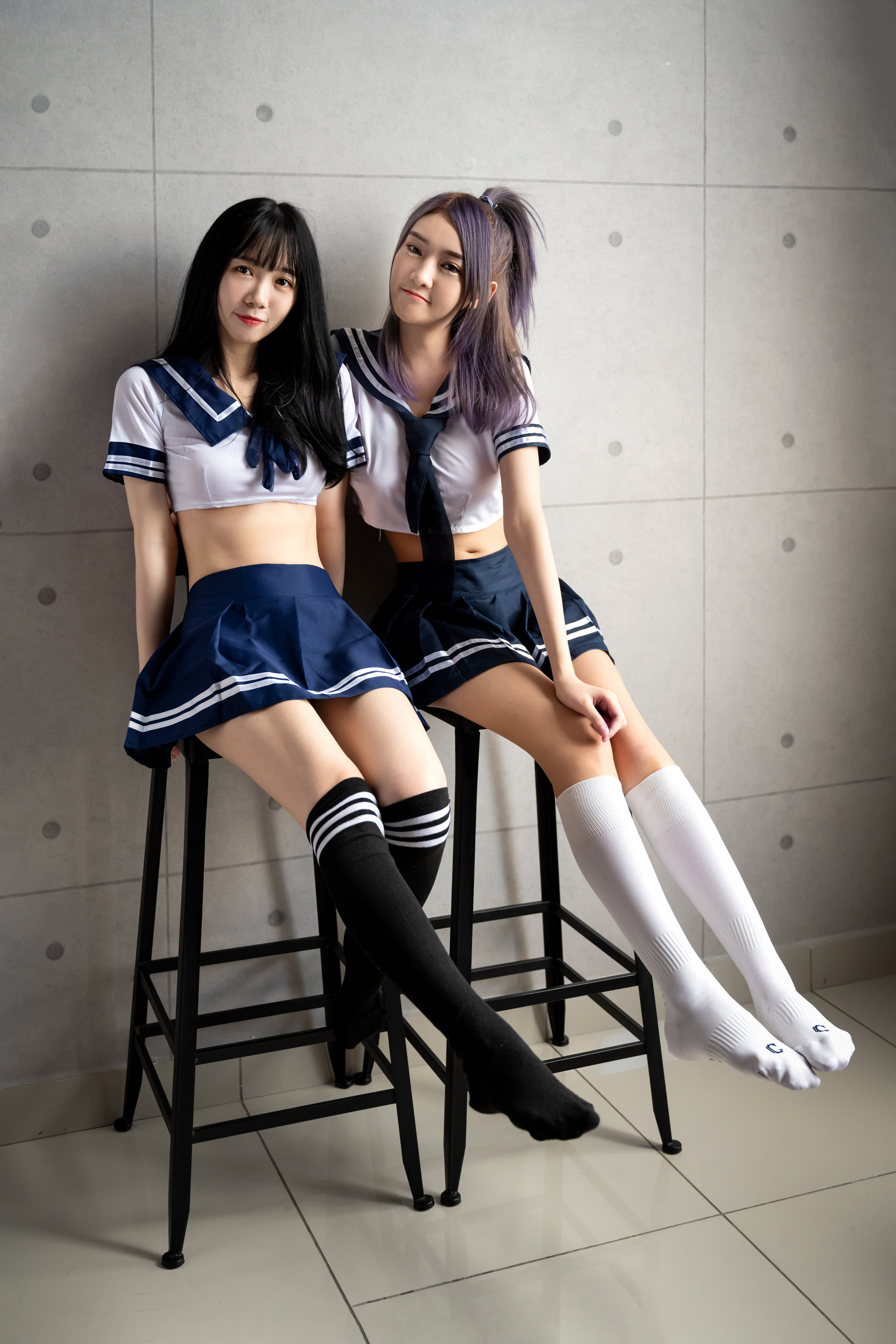 Asian Model Women Long Hair Dark Hair Dyed Hair Sitting School Uniform Knee High Socks Chair Short T 3000x4500