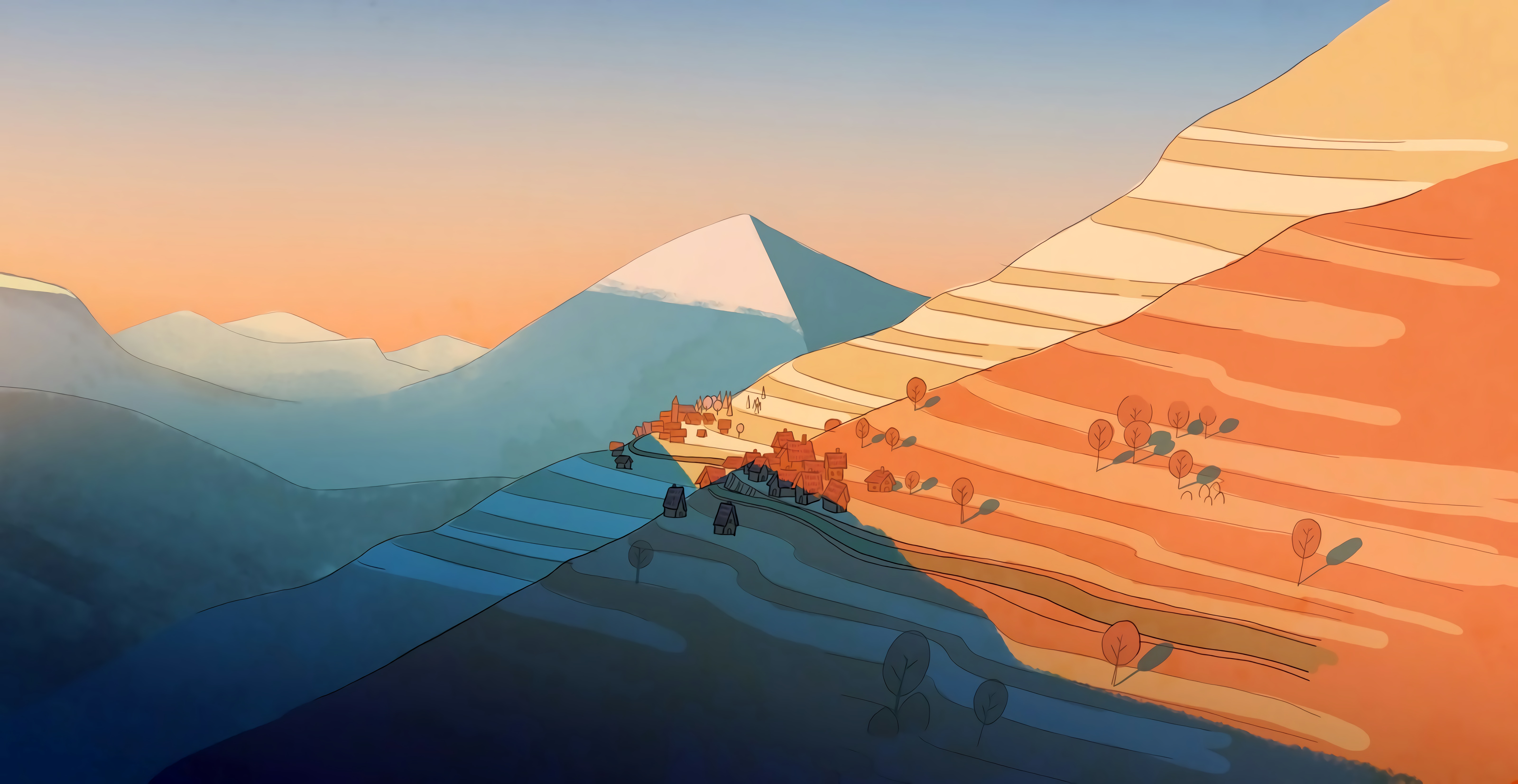 Illustration Mountains Sunset Drawing 6400x3308