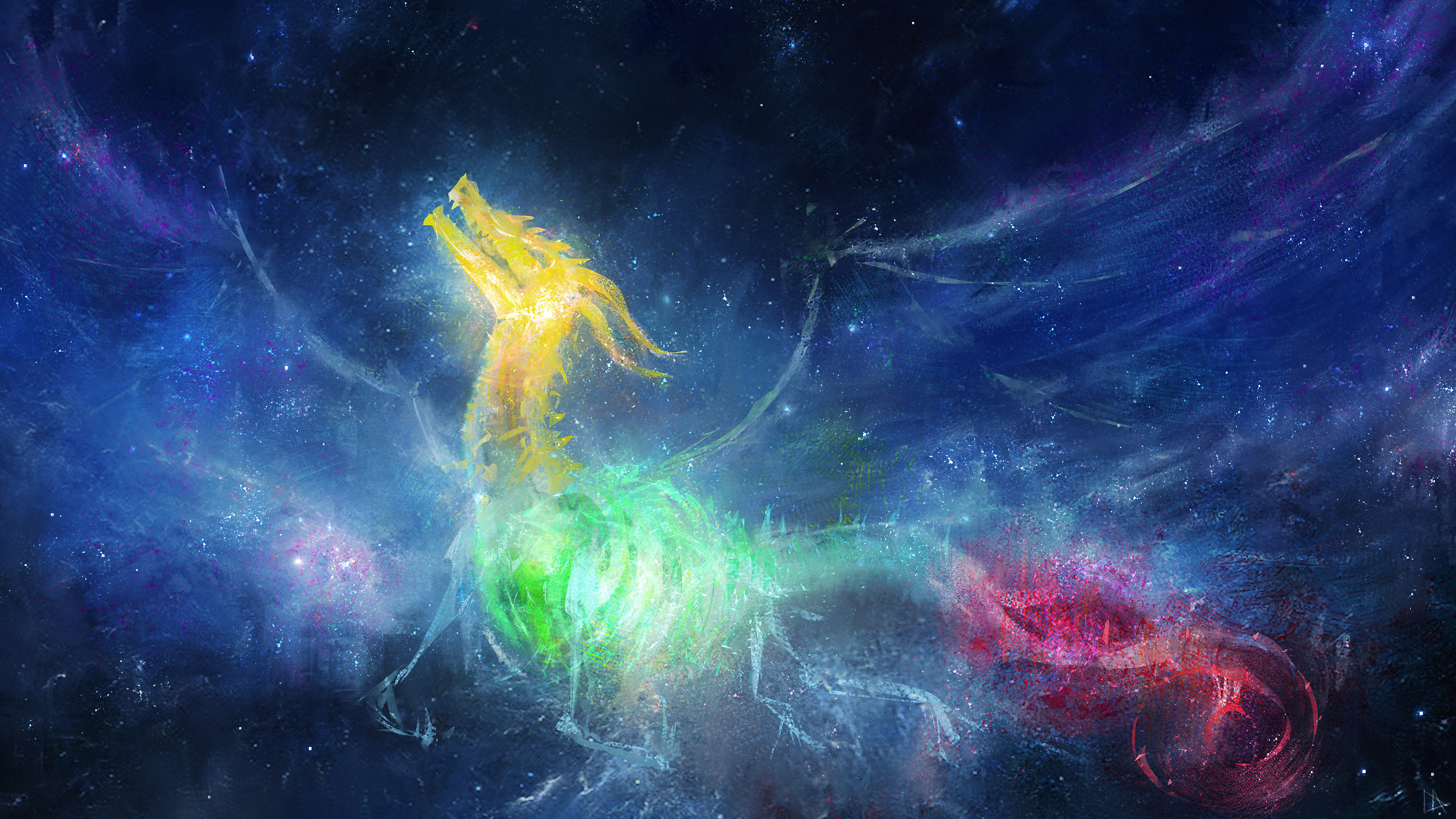 Artwork Dragon Colorful Stars Drawing Yellow Red Green Blue Wings Horns 2928x1647