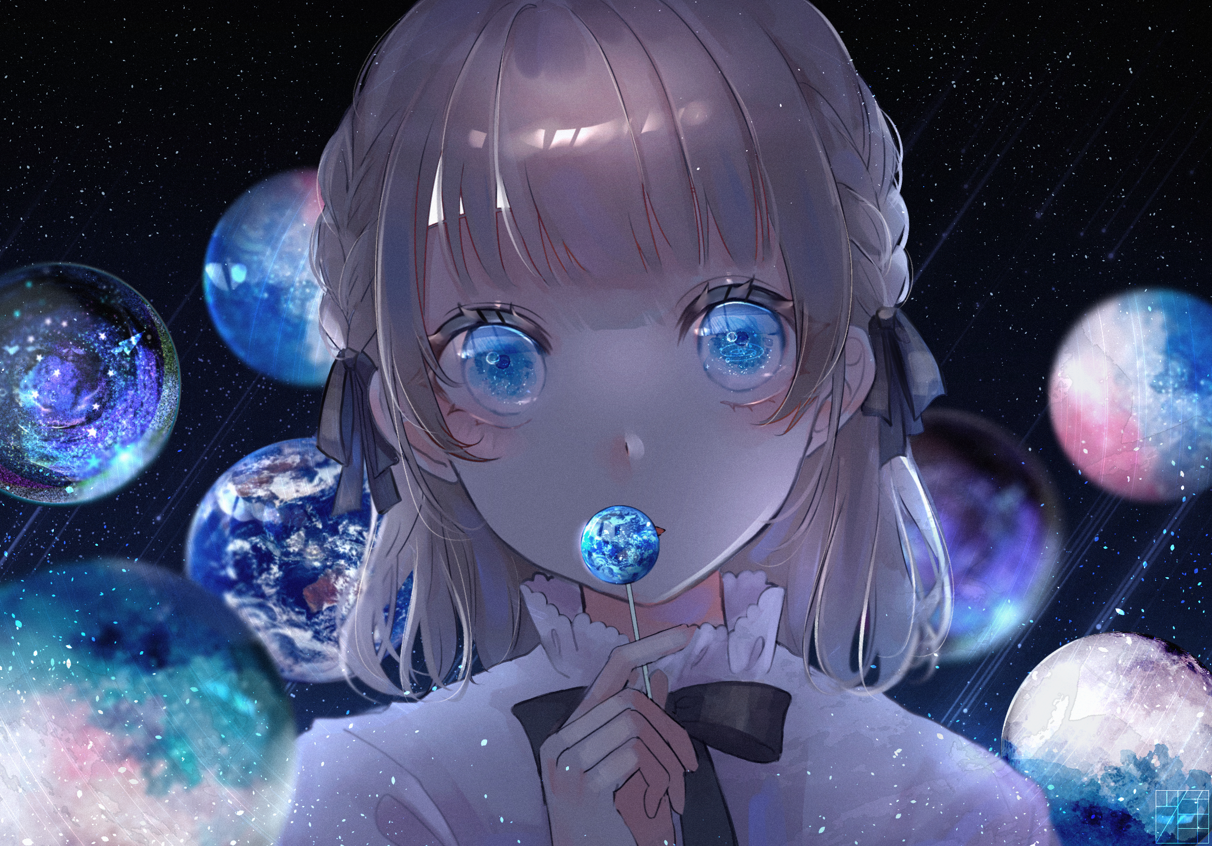 Anime Anime Girls Blonde Short Hair Shoulder Length Hair Universe Space Stars Planet Candy Blue Eyes 2388x1668