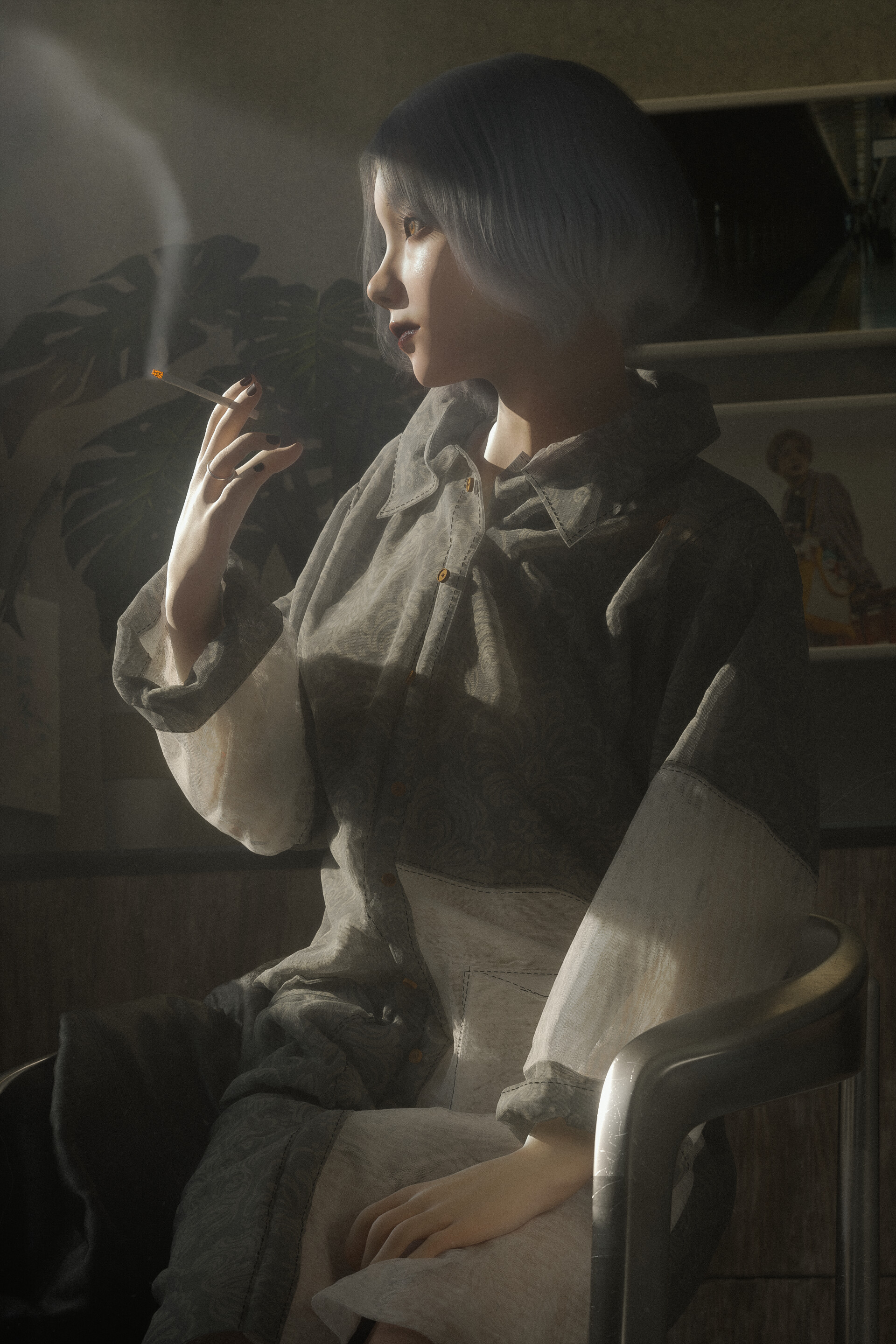 Chia Jui Wu Cigarettes Short Hair White Hair Looking At The Side Blonde Looking Away Digital Art Wom 1920x2880