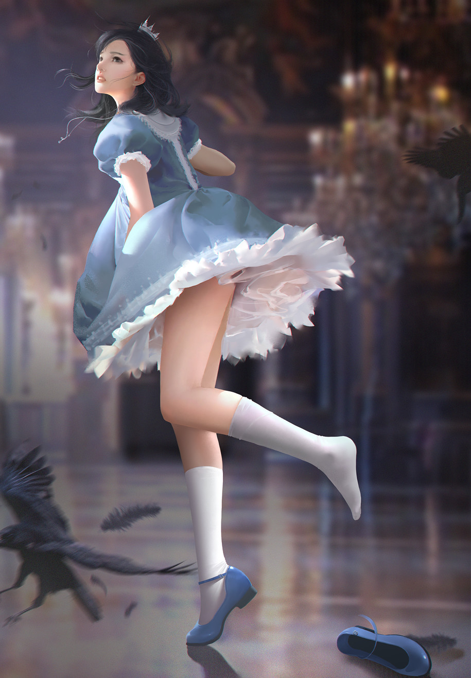 Bason Chen Artwork Women Digital Art Fantasy Art Fantasy Girl Socks Legs Dress Blue Dress Birds Dark 915x1317