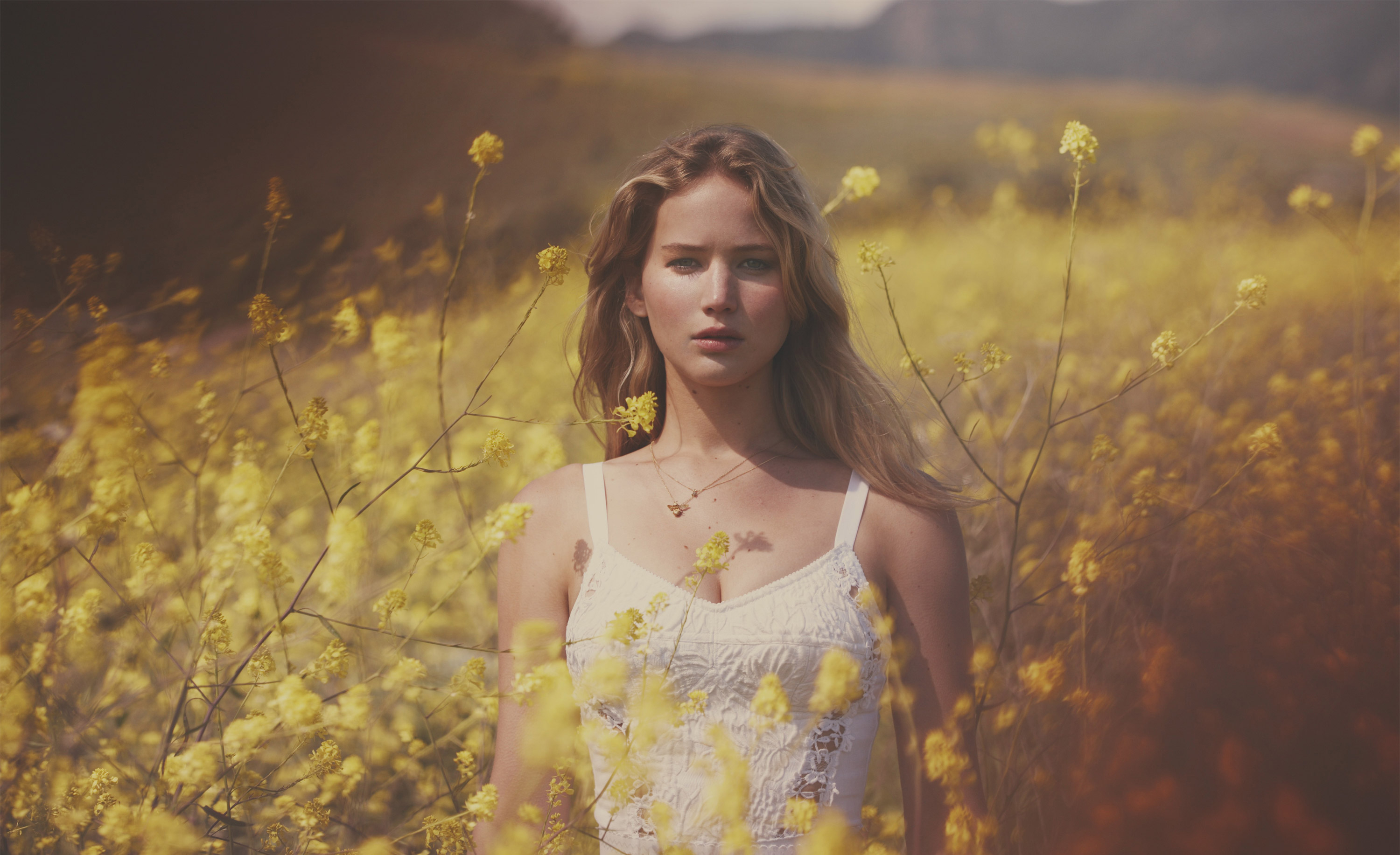 Women Jennifer Lawrence Blonde Actress Field Depth Of Field White Dress Flowers Yellow Flowers Plant 3000x1833