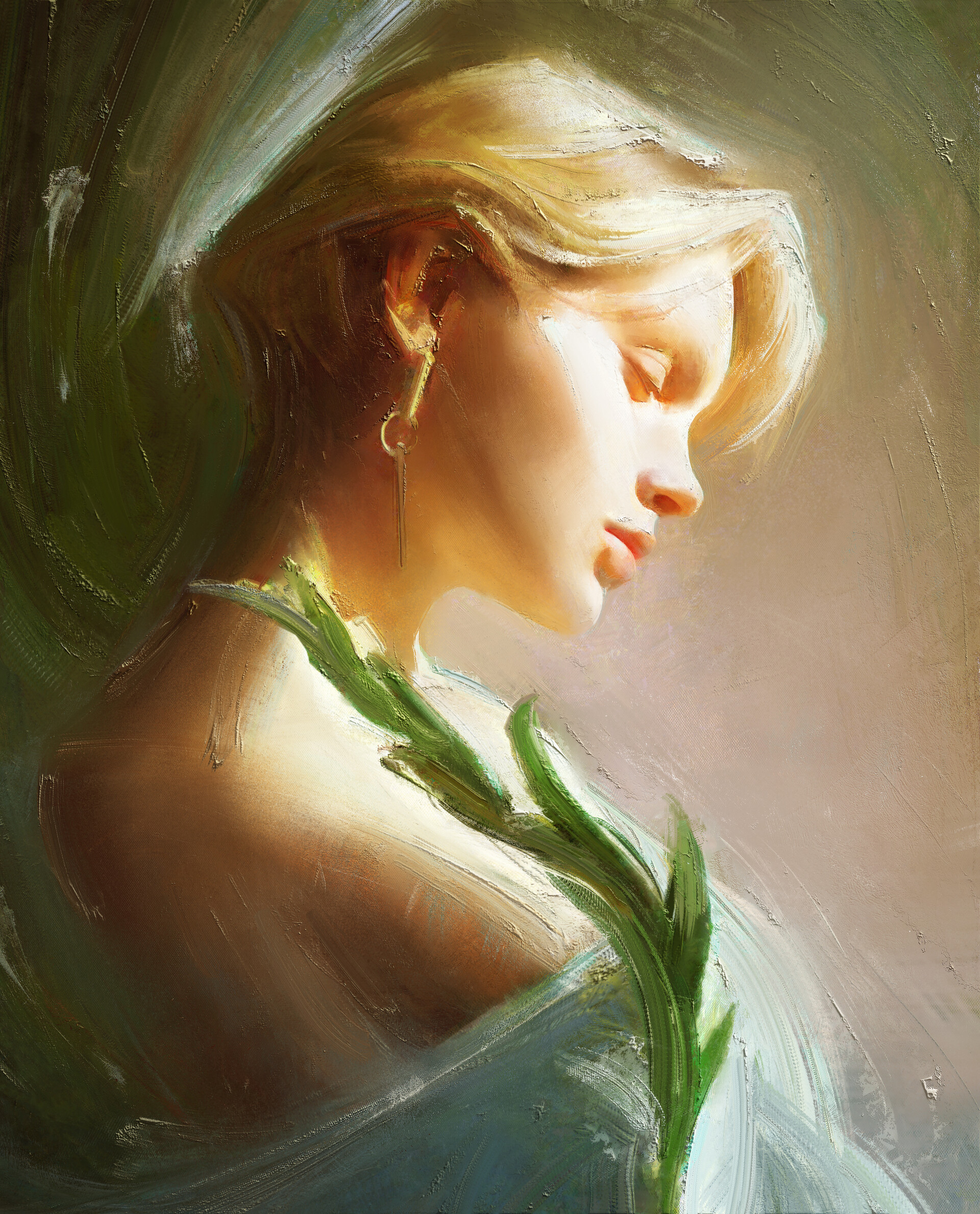 Tian Zi Artwork Women Face Profile ArtStation Blonde Painting 1920x2378