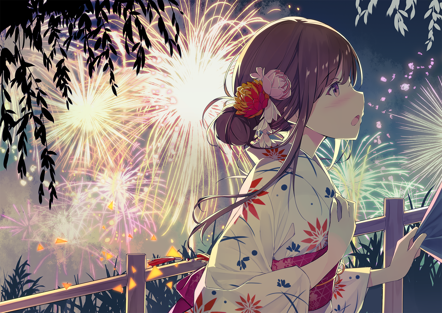 Anime Girls Fireworks Japanese Clothes Artwork Ashima 1500x1062