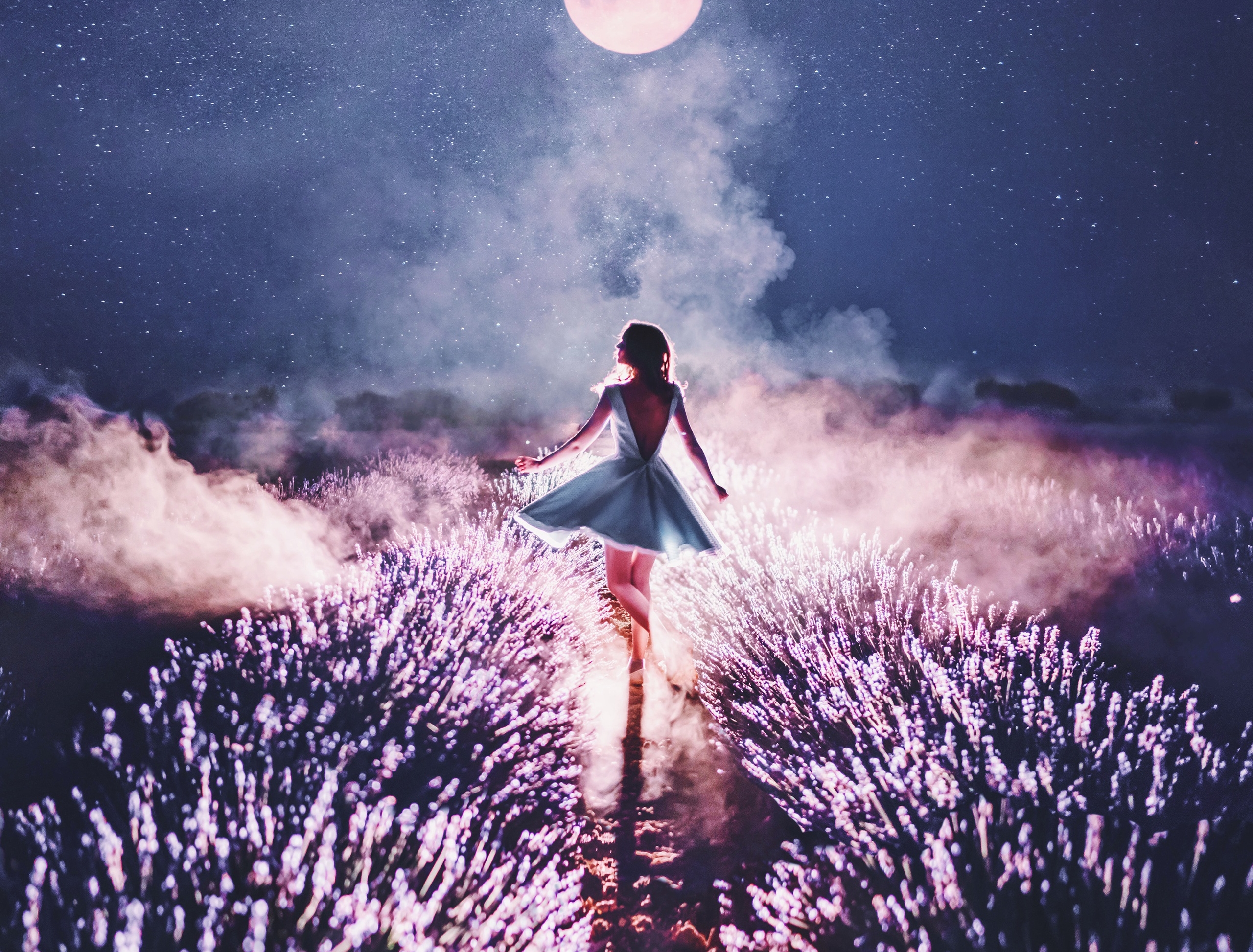 Night Smoke Dance Dress Silhouette Lavender Woman Model 2560x1946