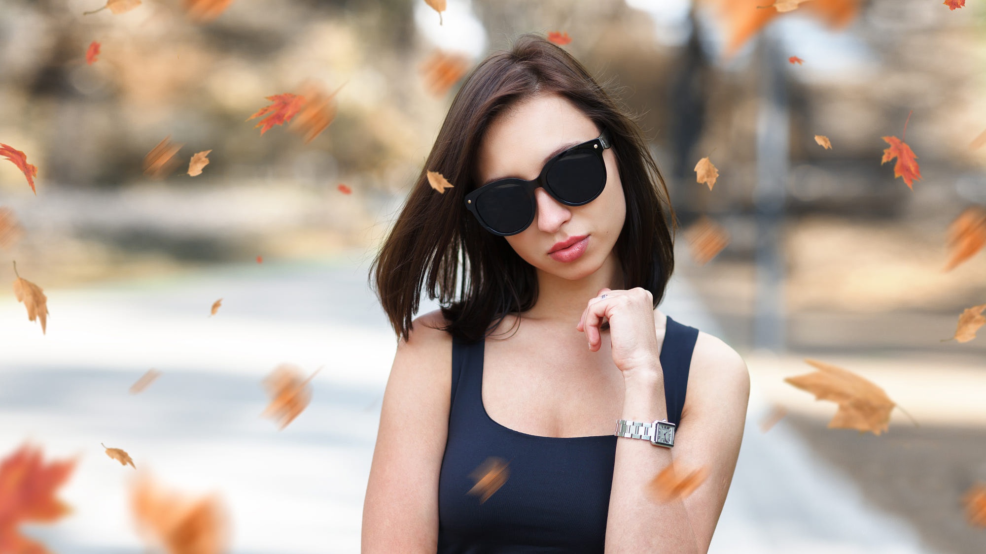 Woman Girl Brunette Sunglasses Depth Of Field Leaf 2000x1125