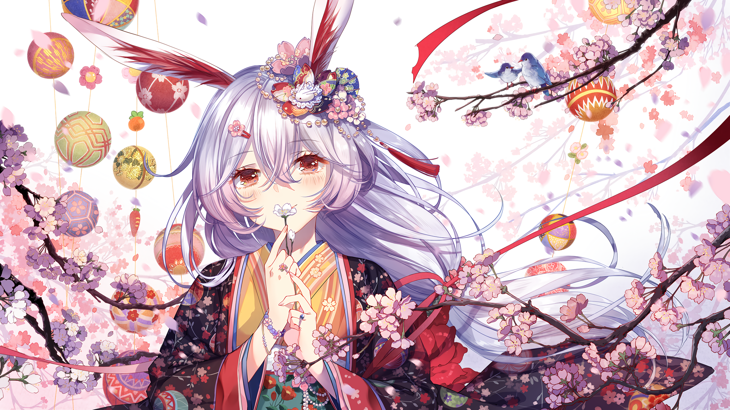 Anime Anime Girls Theresa Apocalypse Red Eyes Petals Kimono Long Hair Barrette Ribbons Flowers Wrist 2560x1440