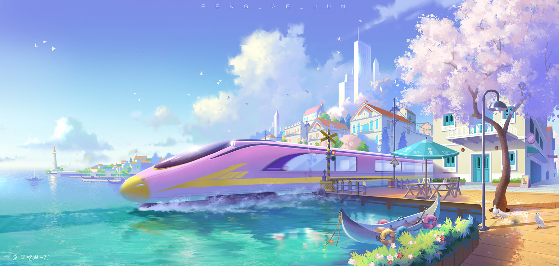 Jun Zhang Fantasy Art Digital Art Asian Architecture Landscape Train Canoe Water Lighthouse Pink Fan 1800x858